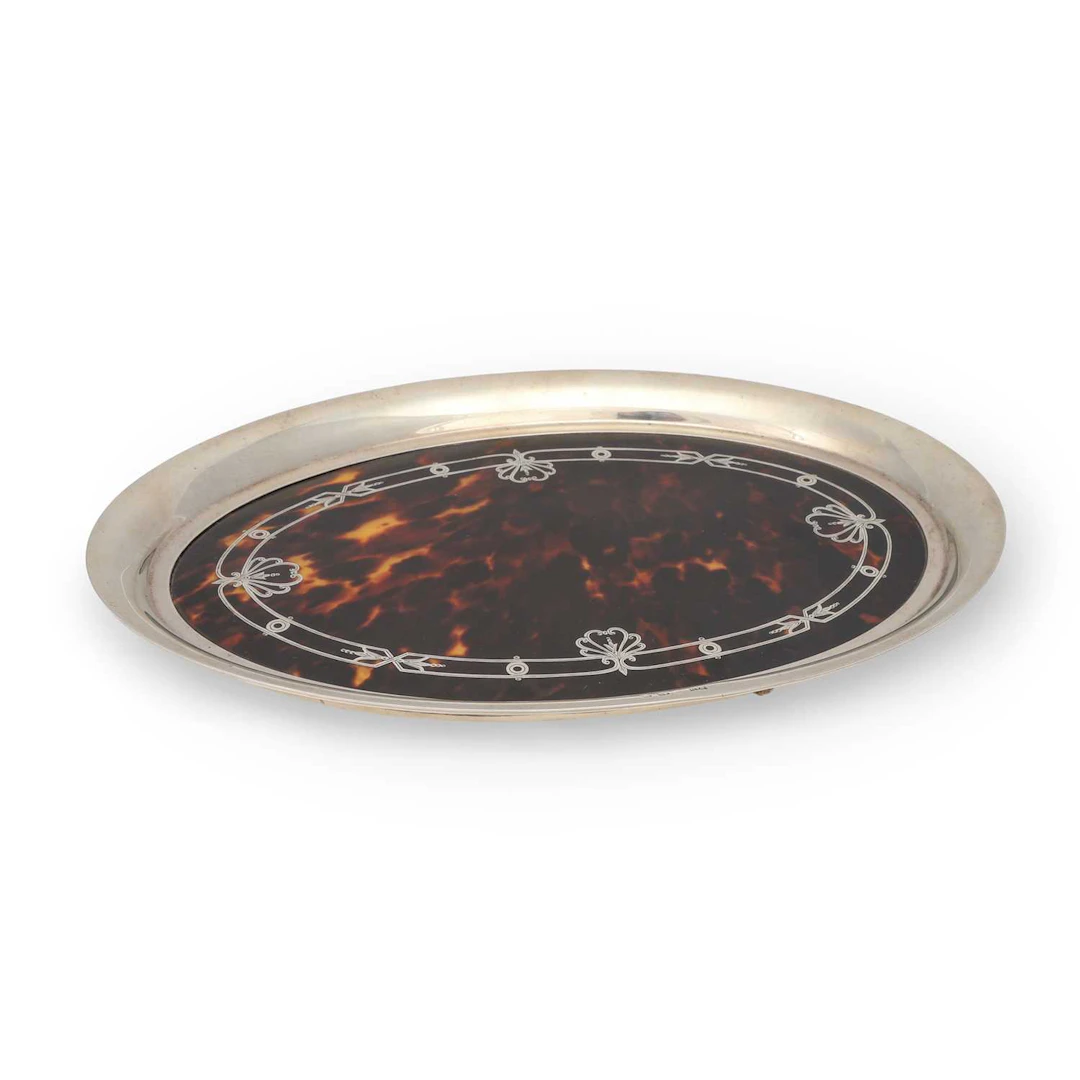 A GEORGE V SILVER AND TORTOISESHELL PIQUÉ DRESSING TABLE TRAY
