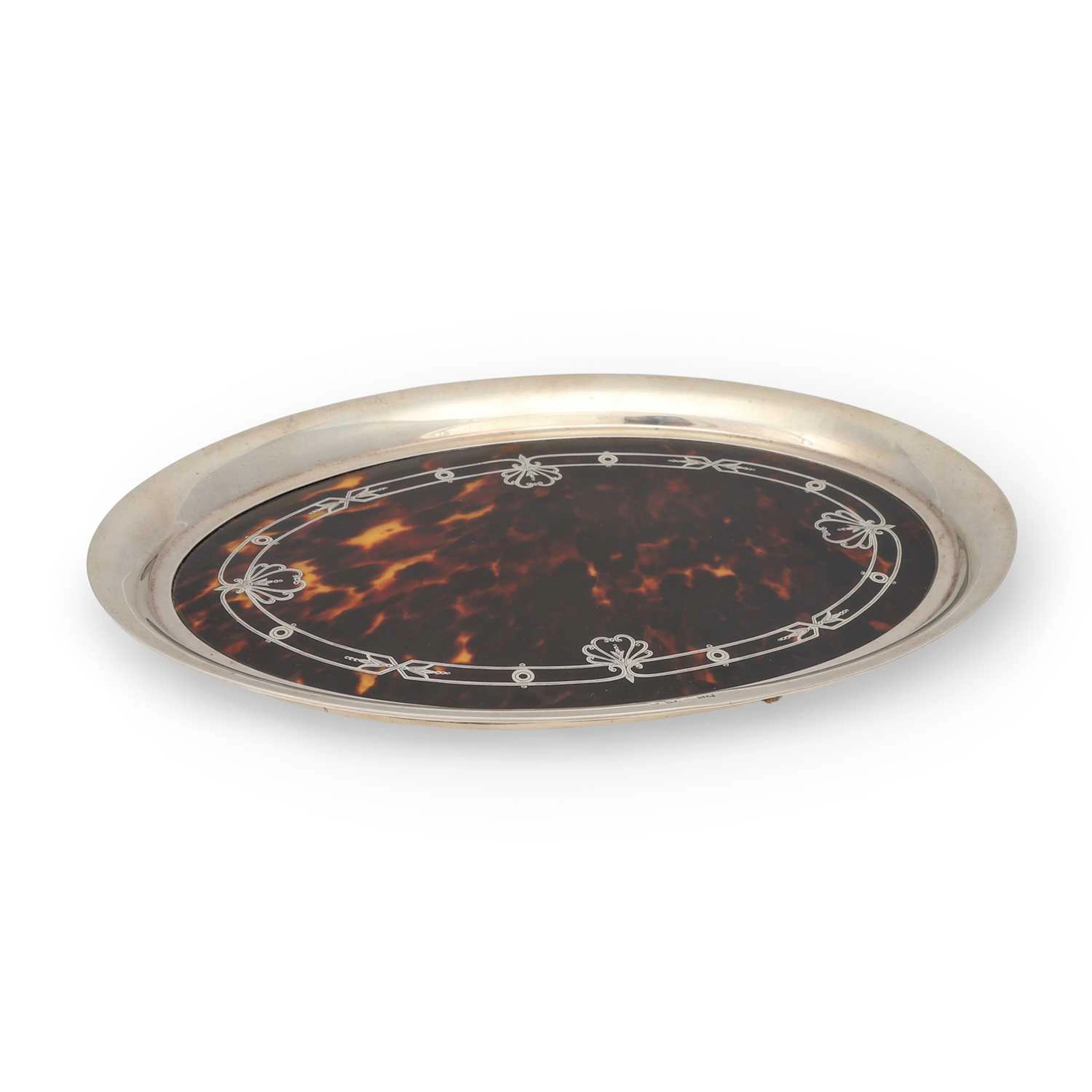 A GEORGE V SILVER AND TORTOISESHELL PIQUÉ DRESSING TABLE TRAY