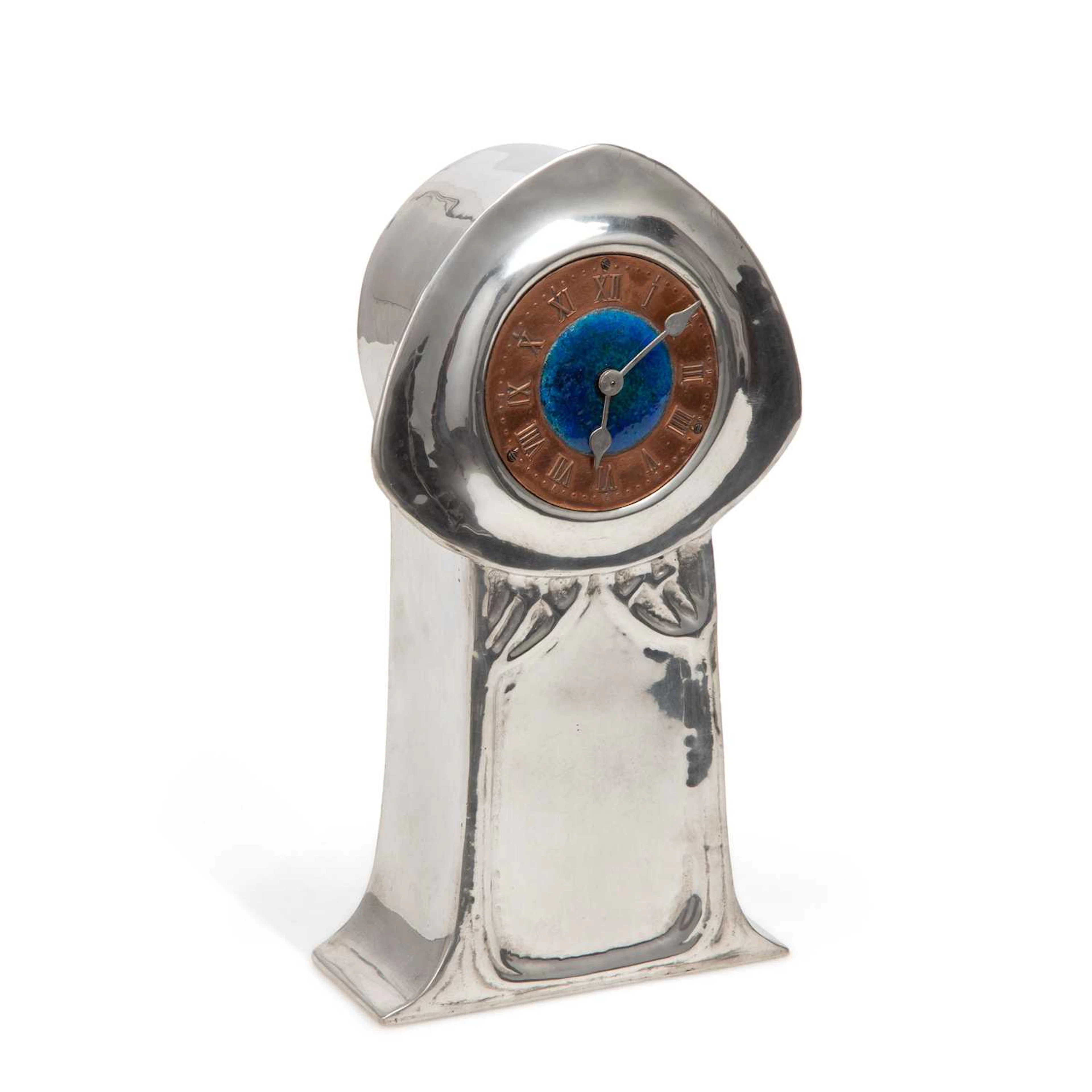 A LIBERTY & CO TUDRIC PEWTER AND ENAMEL MANTEL CLOCK DESIGNED BY DAVID VEASEY