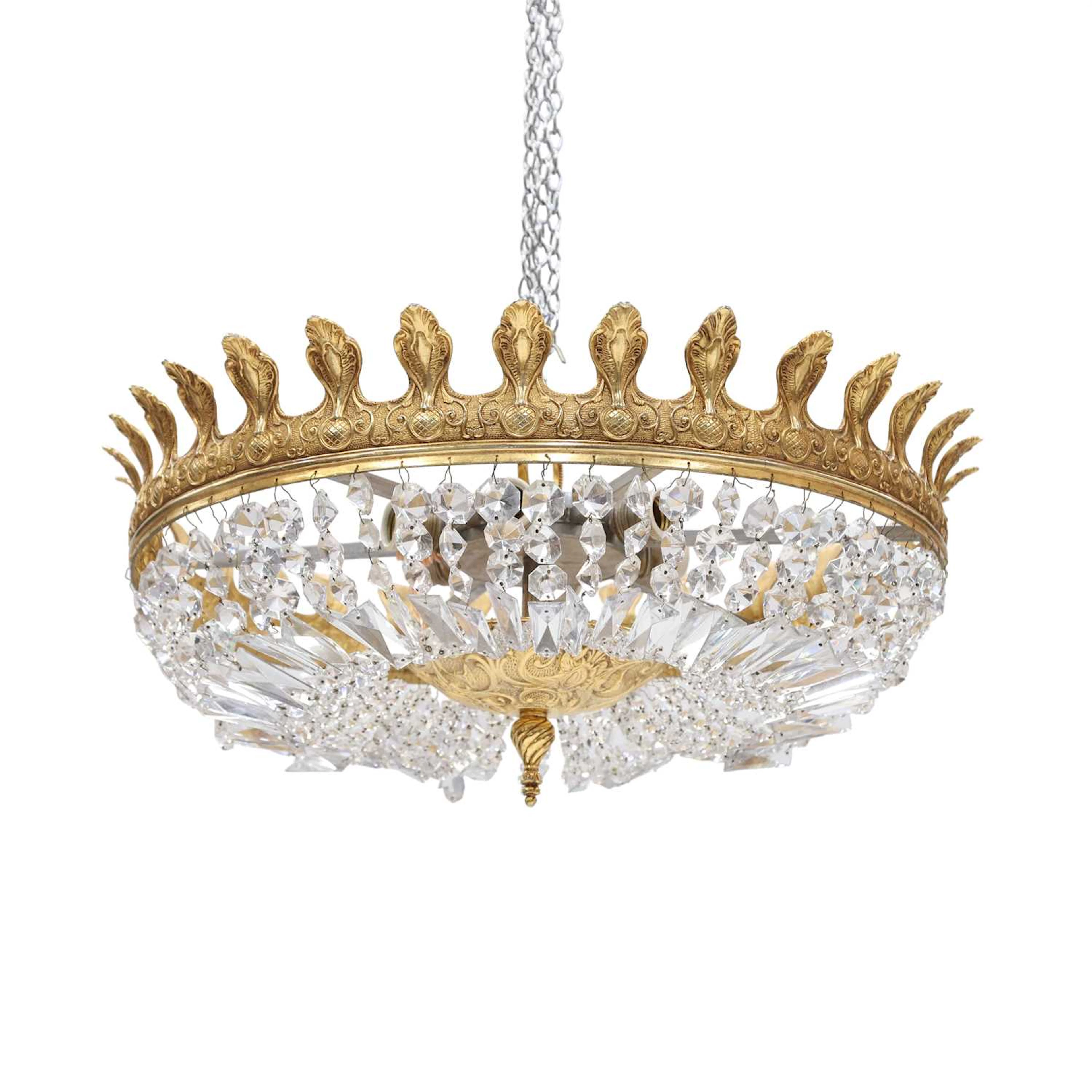 A FRENCH EMPIRE STYLE GILT METAL AND CUT GLASS PLAFONNIER