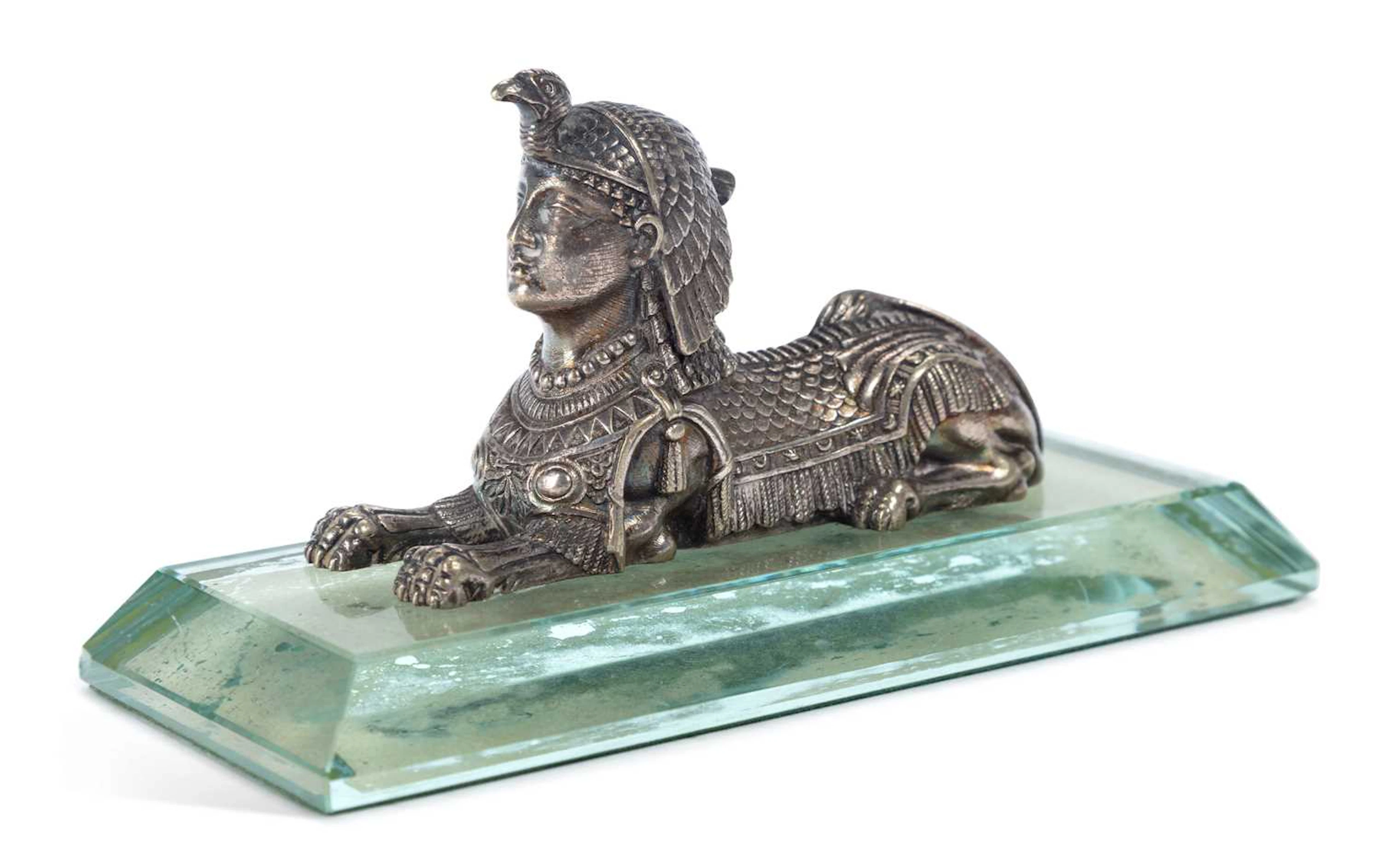 A 19TH CENTURY ENGLISH SILVER-PLATED SPHINX PAPERWEIGHT