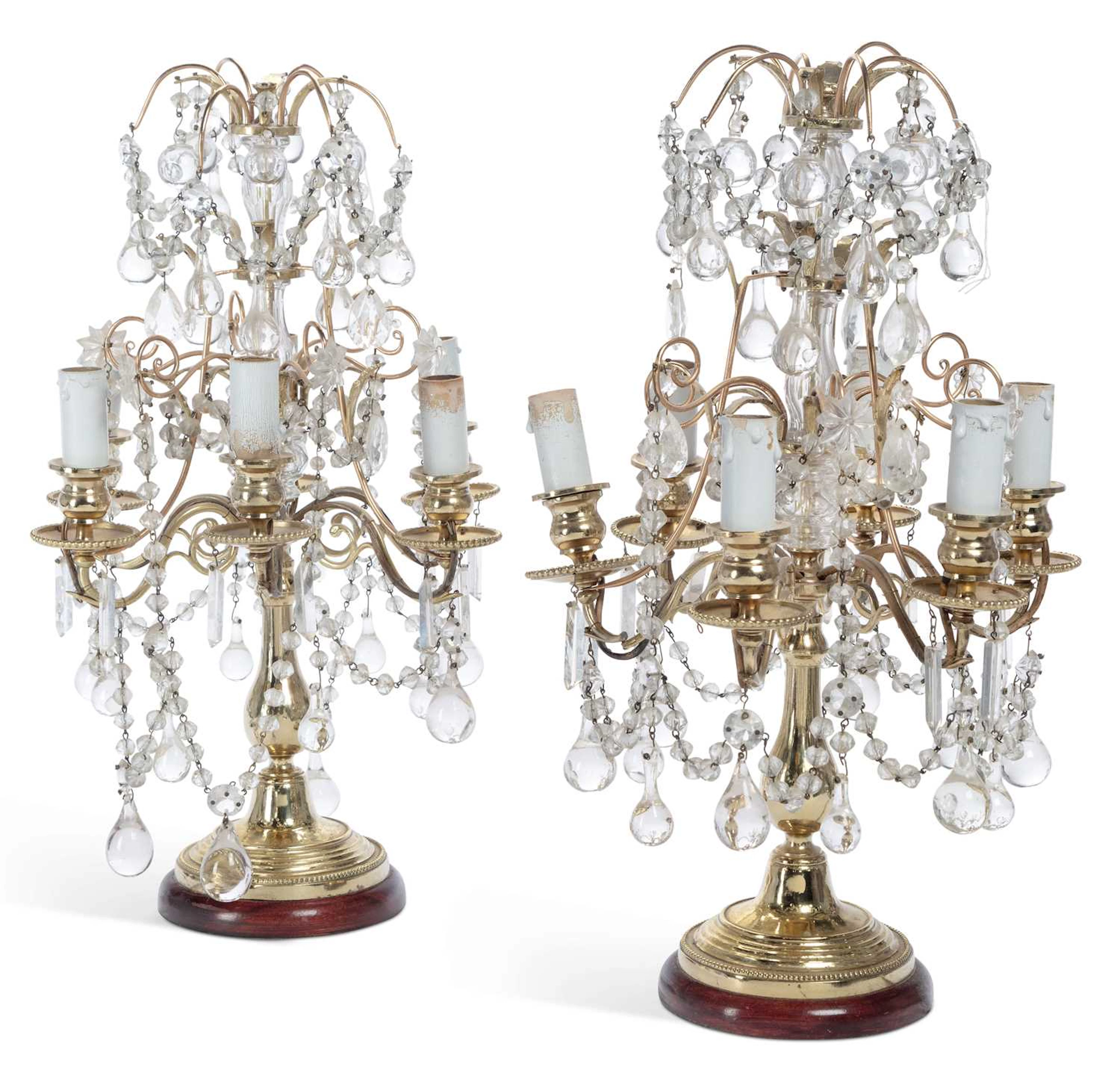 A PAIR OF GILT METAL AND CUT-GLASS FIVE-LIGHT CANDELABRA TABLE LAMPS