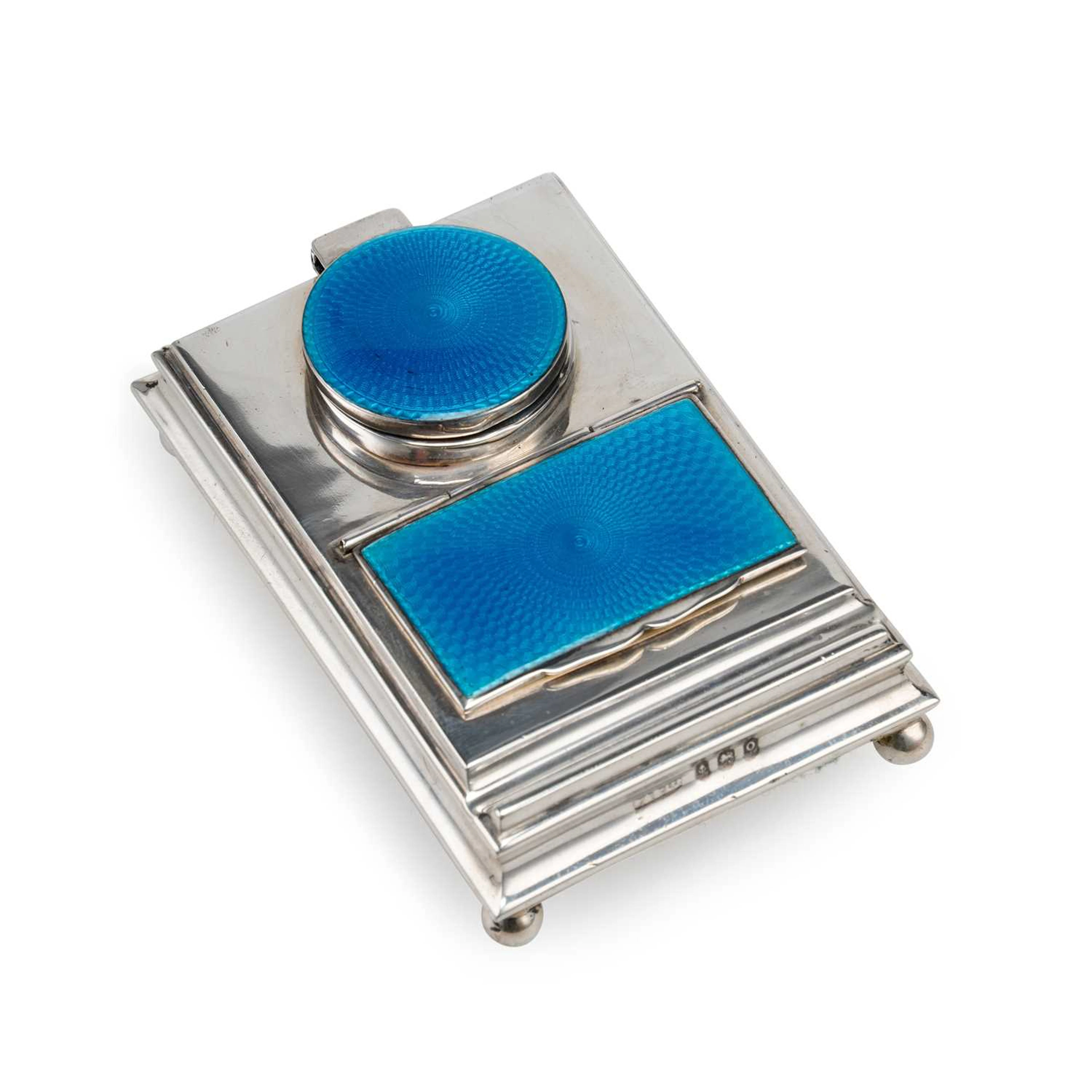 AN ART DECO SILVER AND ENAMEL COMBINATION INKWELL AND STAMP BOX