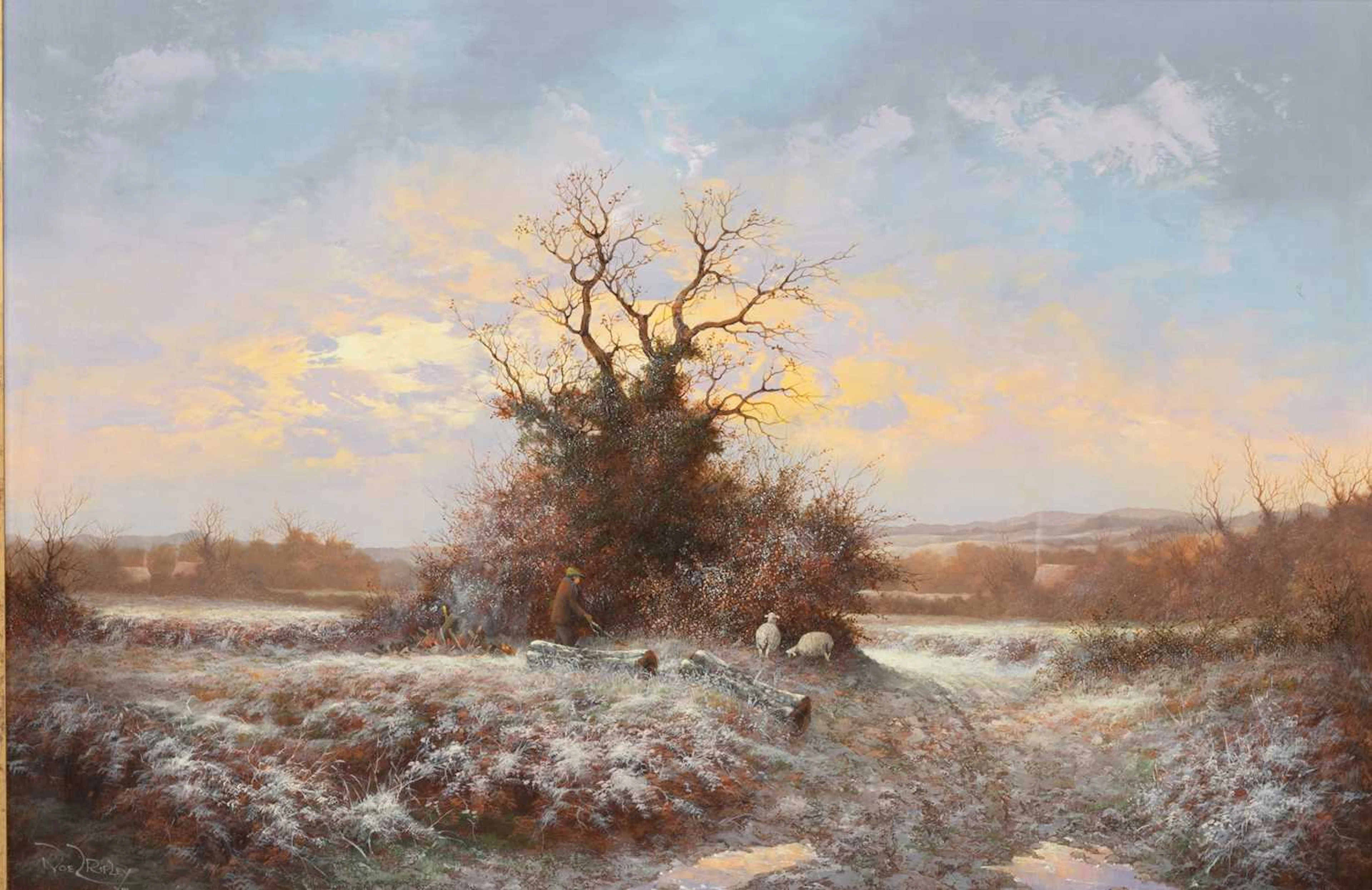 ‡ NOEL RIPLEY (BORN 1944) WINTER LANDSCAPE WITH FIGURE AND SHEEP