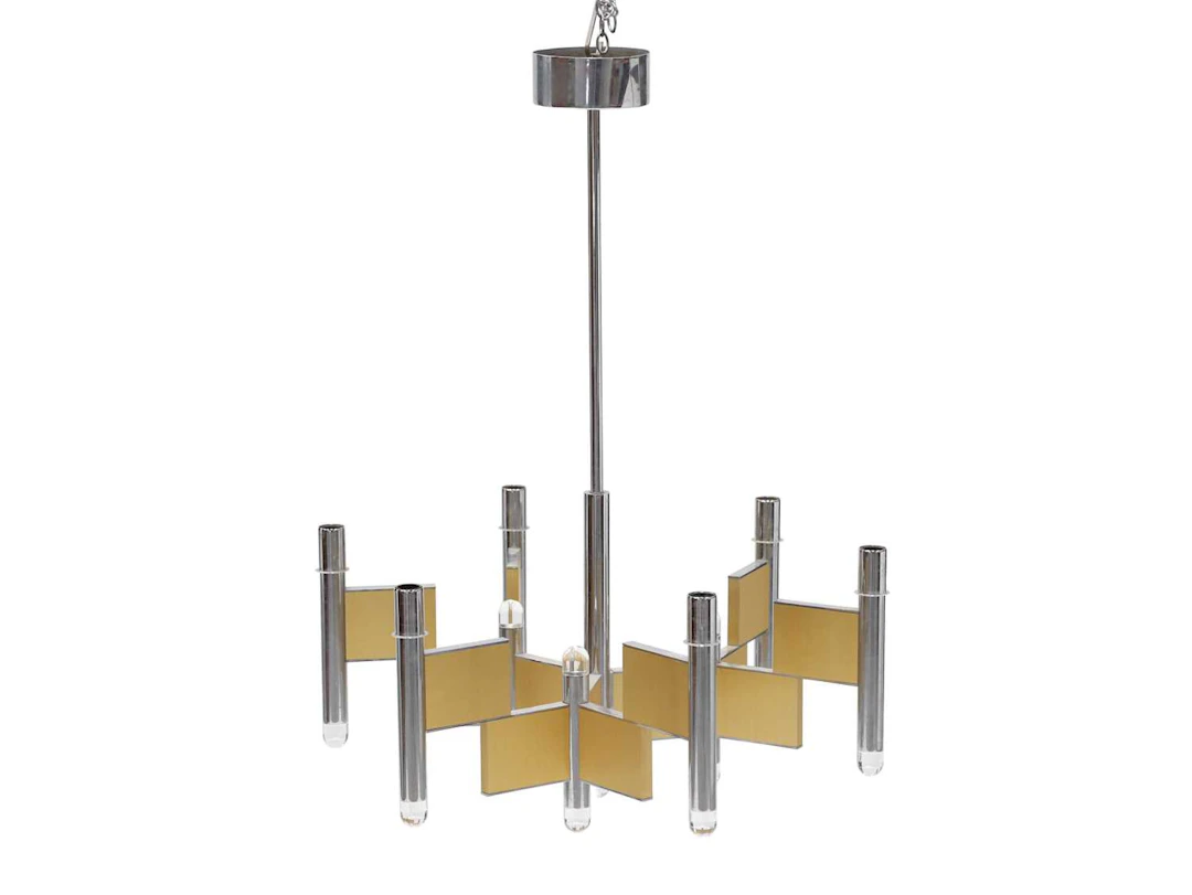 A SCIOLARI CHROME AND BRASS CHANDELIER