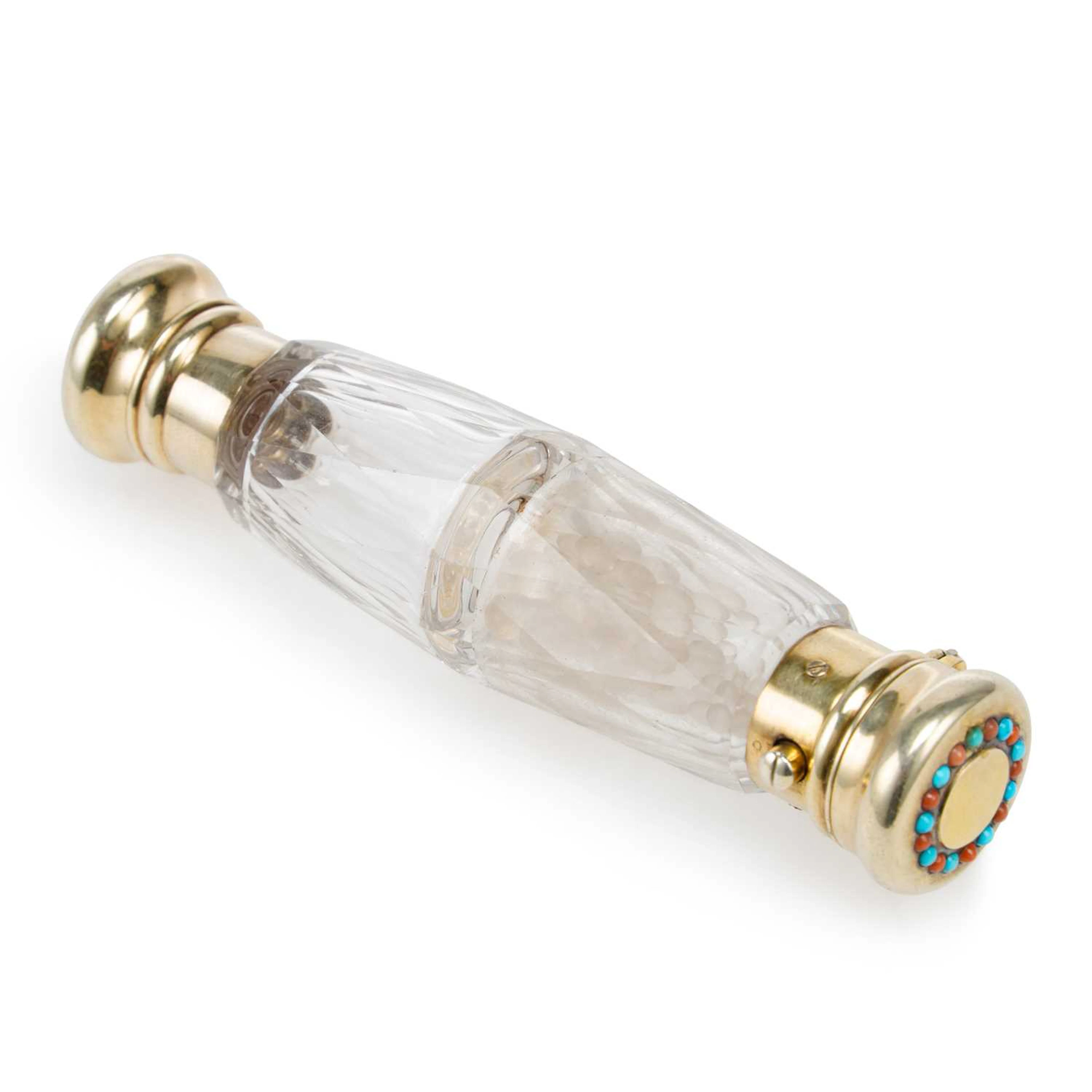 A VICTORIAN SILVER-GILT MOUNTED CUT-GLASS DOUBLE SCENT BOTTLE