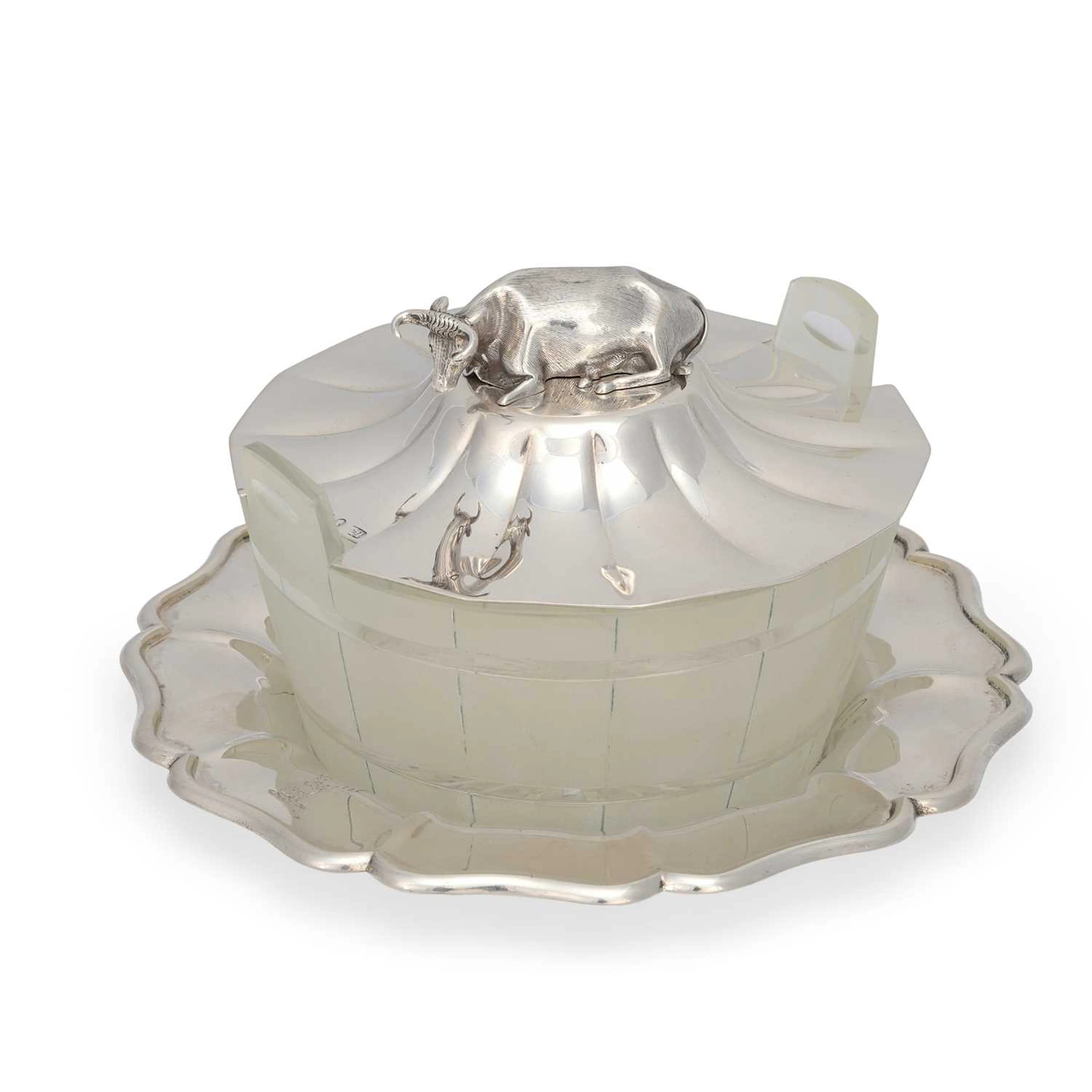 A WILLIAM IV SILVER AND CUT-GLASS BUTTER DISH ON STAND