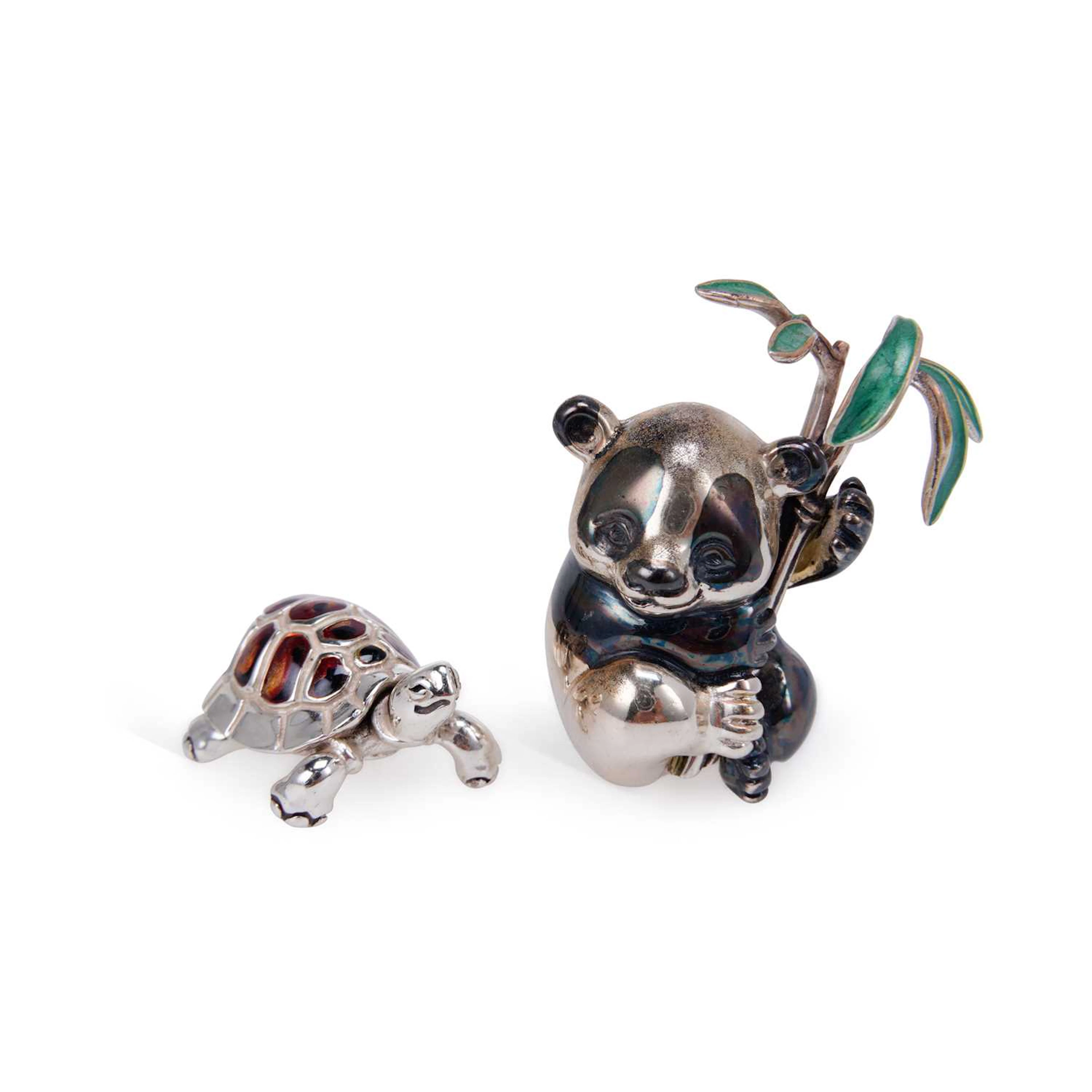 A SILVER AND ENAMEL MODEL OF A PANDA, TOGETHER WITH A SILVER AND ENAMEL