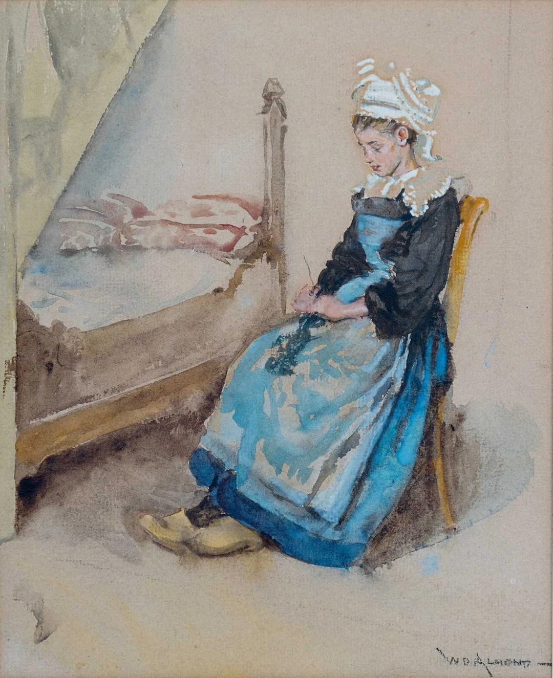 WILLIAM DOUGLAS ALMOND RI, ROI, RBA (1866-1916) A DUTCH GIRL KNITTING