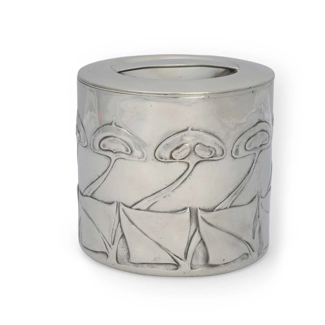 ARCHIBALD KNOX (1864-1933) FOR LIBERTY & CO A TUDRIC PEWTER BISCUIT BARREL