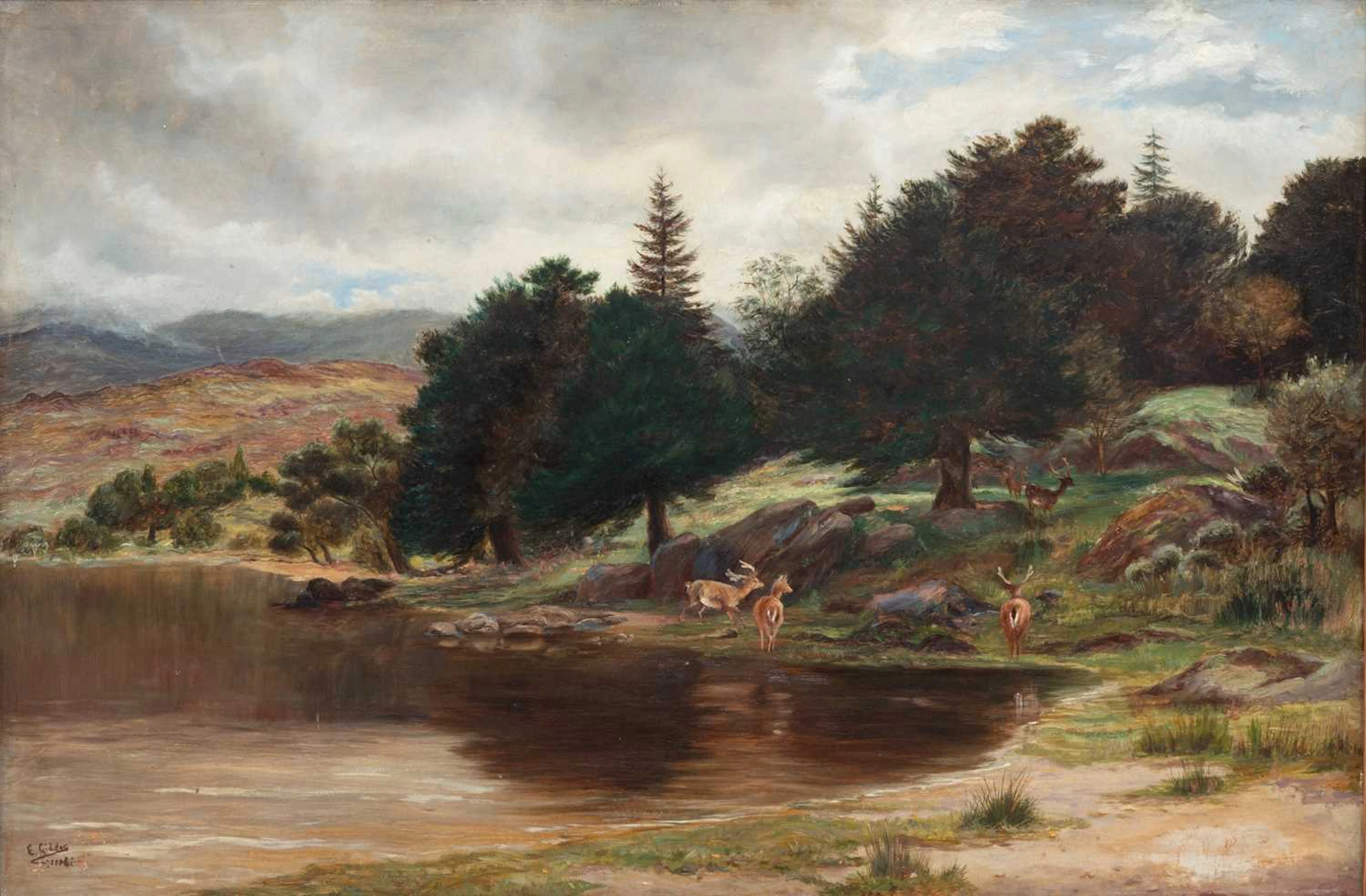 E GIDDES (19TH CENTURY) DEER ON THE SHORE OF A LOCH