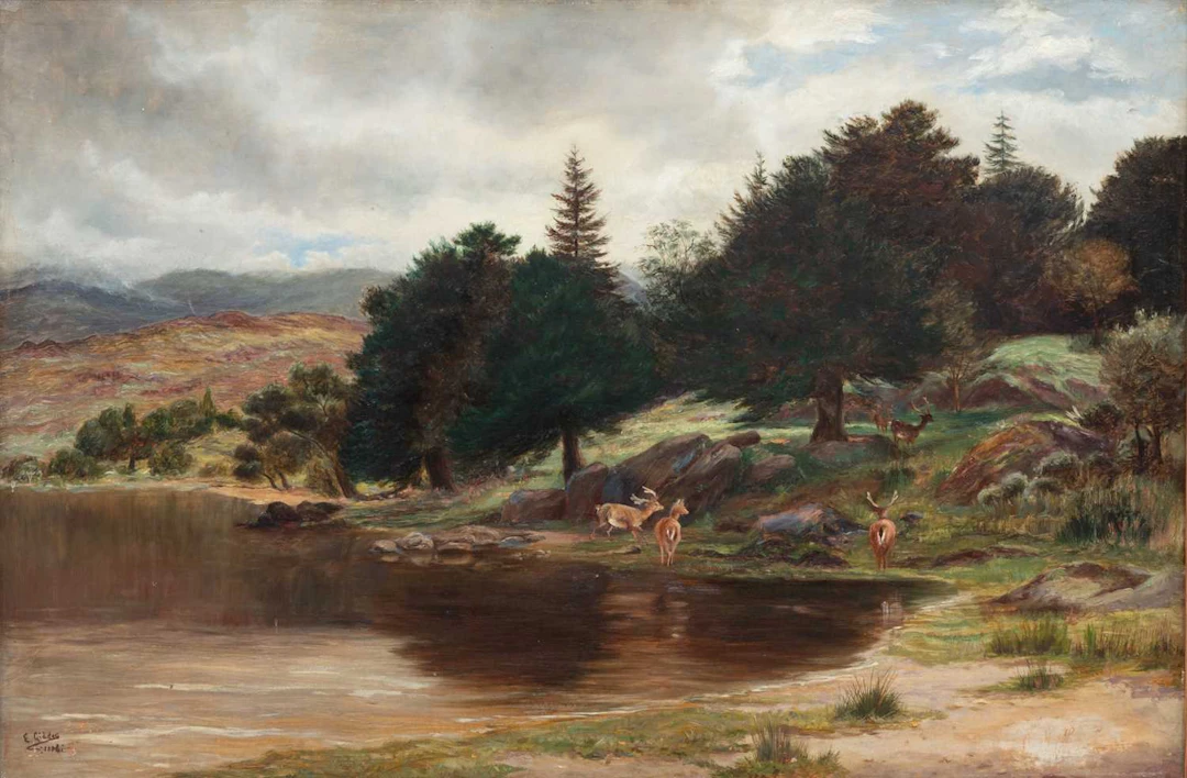 E GIDDES (19TH CENTURY) DEER ON THE SHORE OF A LOCH