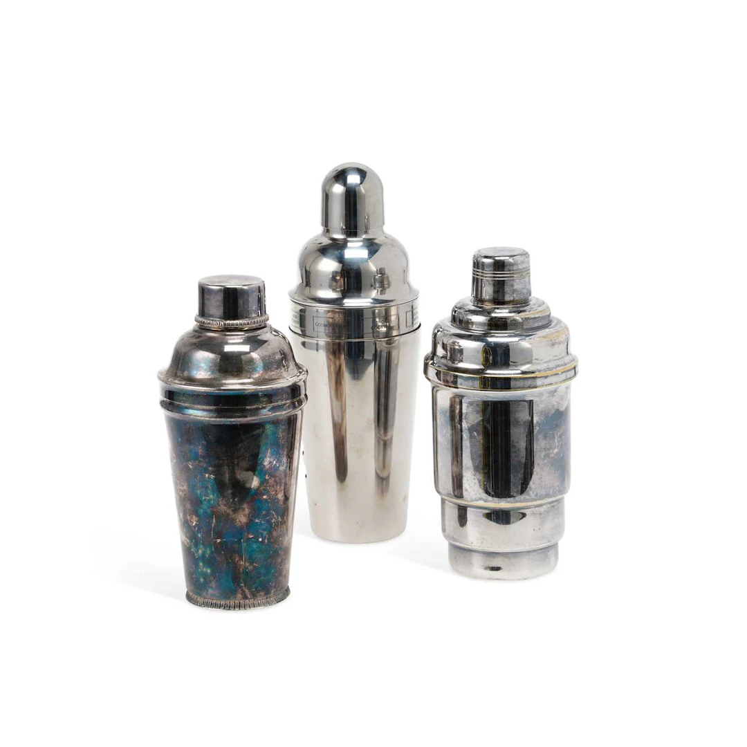 A GARRARD & CO ART DECO SILVER-PLATED COCKTAIL SHAKER, AND TWO FURTHER