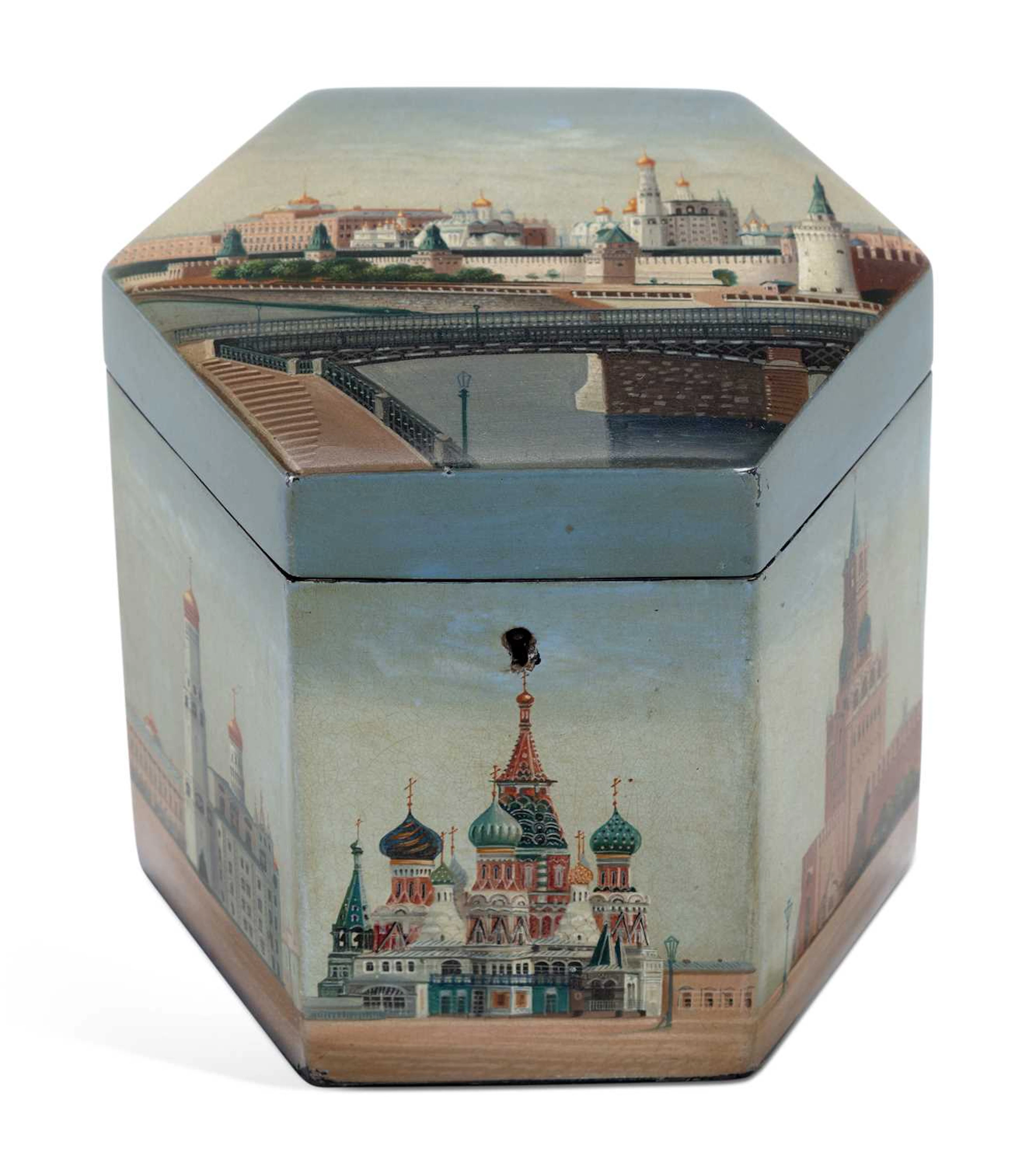 A RUSSIAN LACQUERED TEA CADDY CIRCA 1890