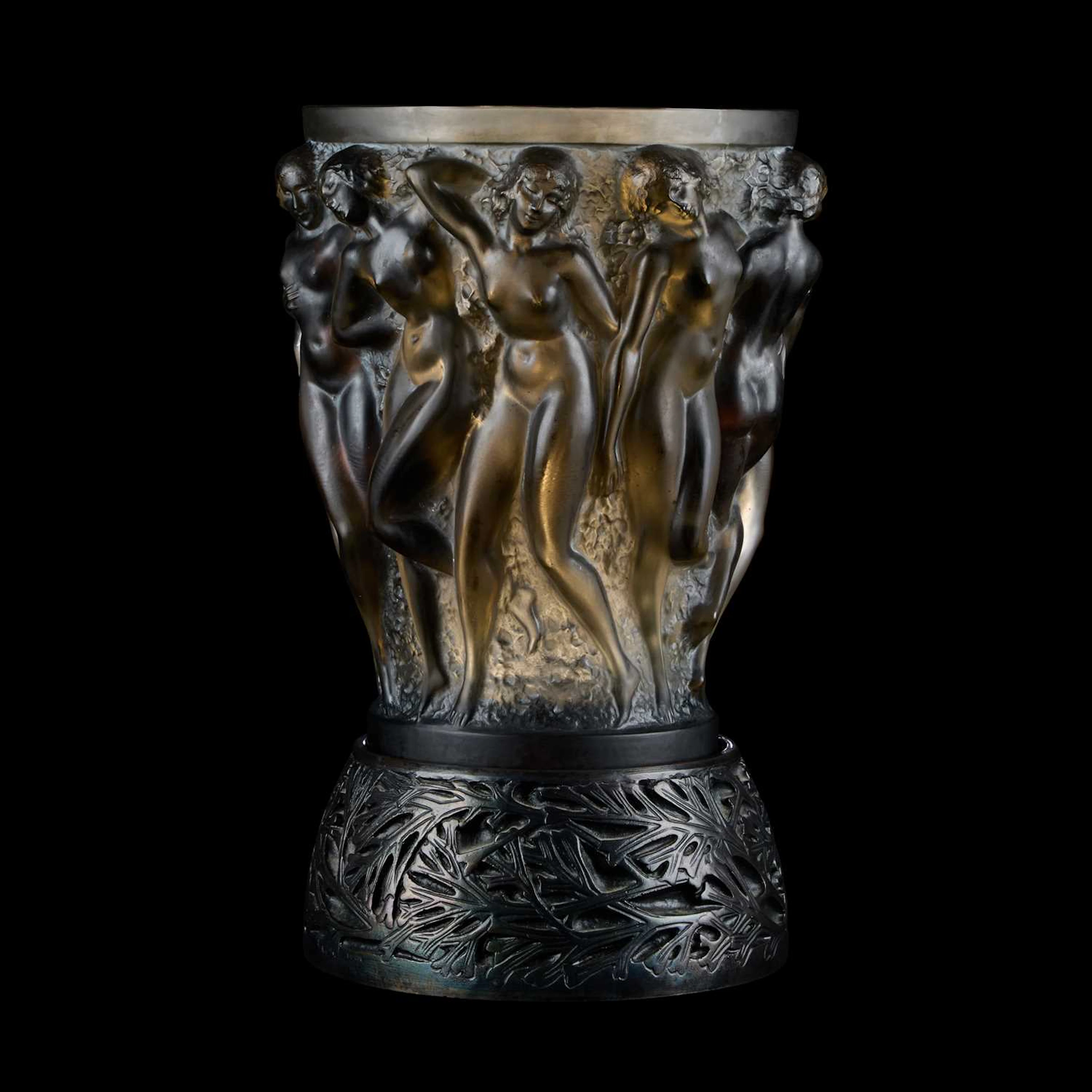 RENÉ LALIQUE (FRENCH, 1860–1945), A TOPAZ 'BACCHANTES' VASE WITH BRONZE STAND
