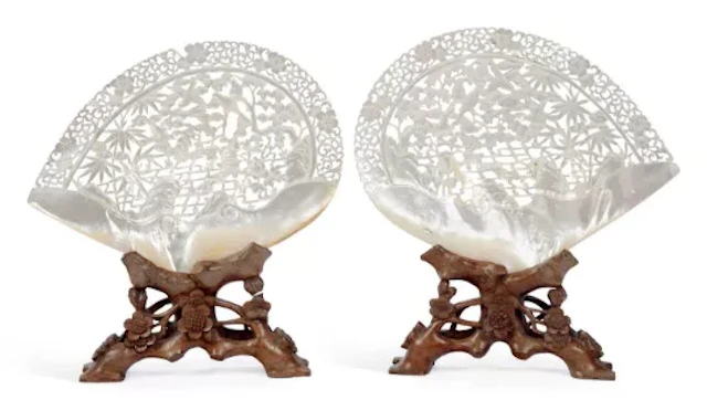 A PAIR OF CHINESE CARVED MOTHER-OF-PEARL SHELL TABLE SCREENS 19TH CENTURY