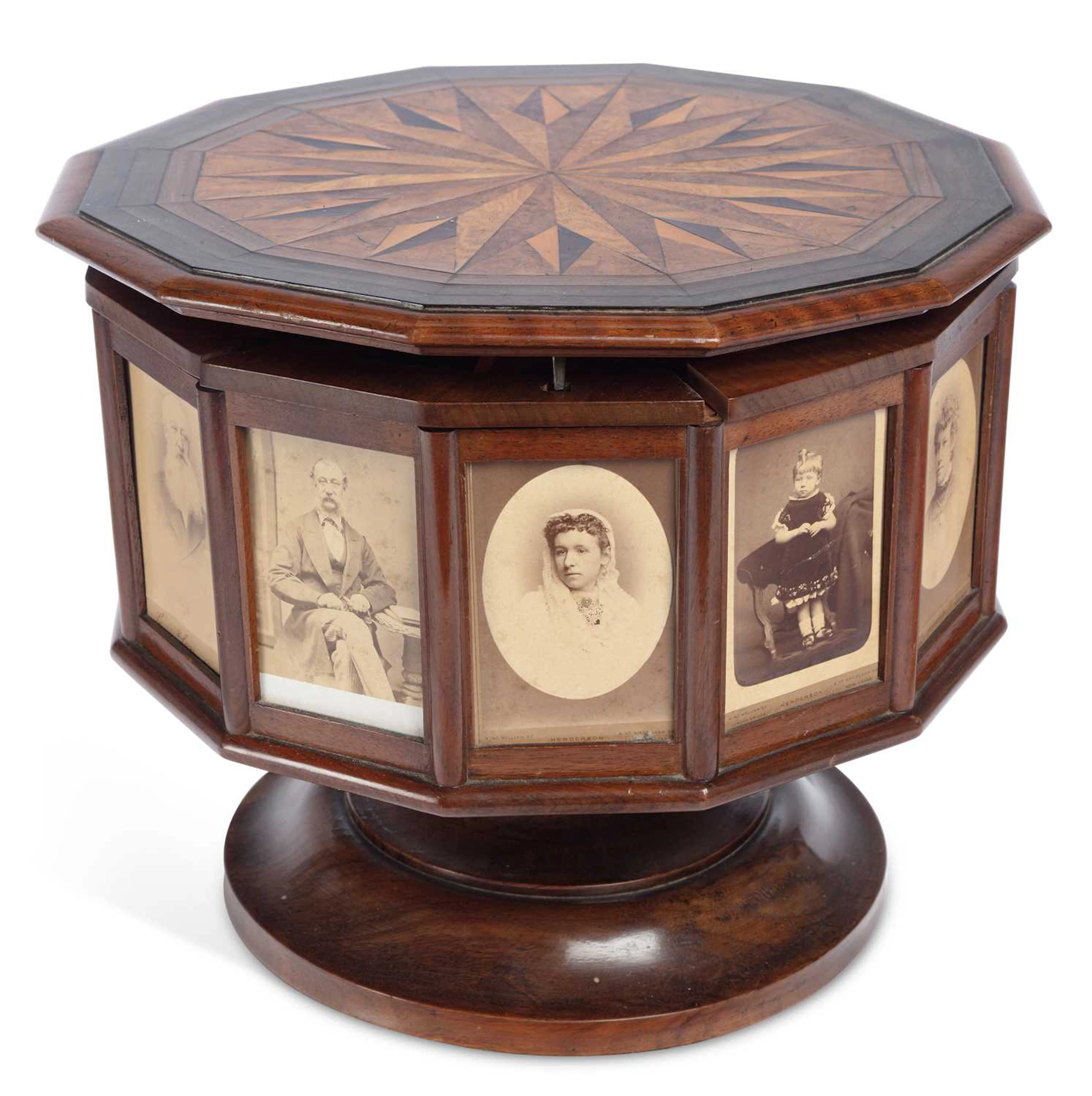 A VICTORIAN REVOLVING PHOTOGRAPH AND WORK BOX