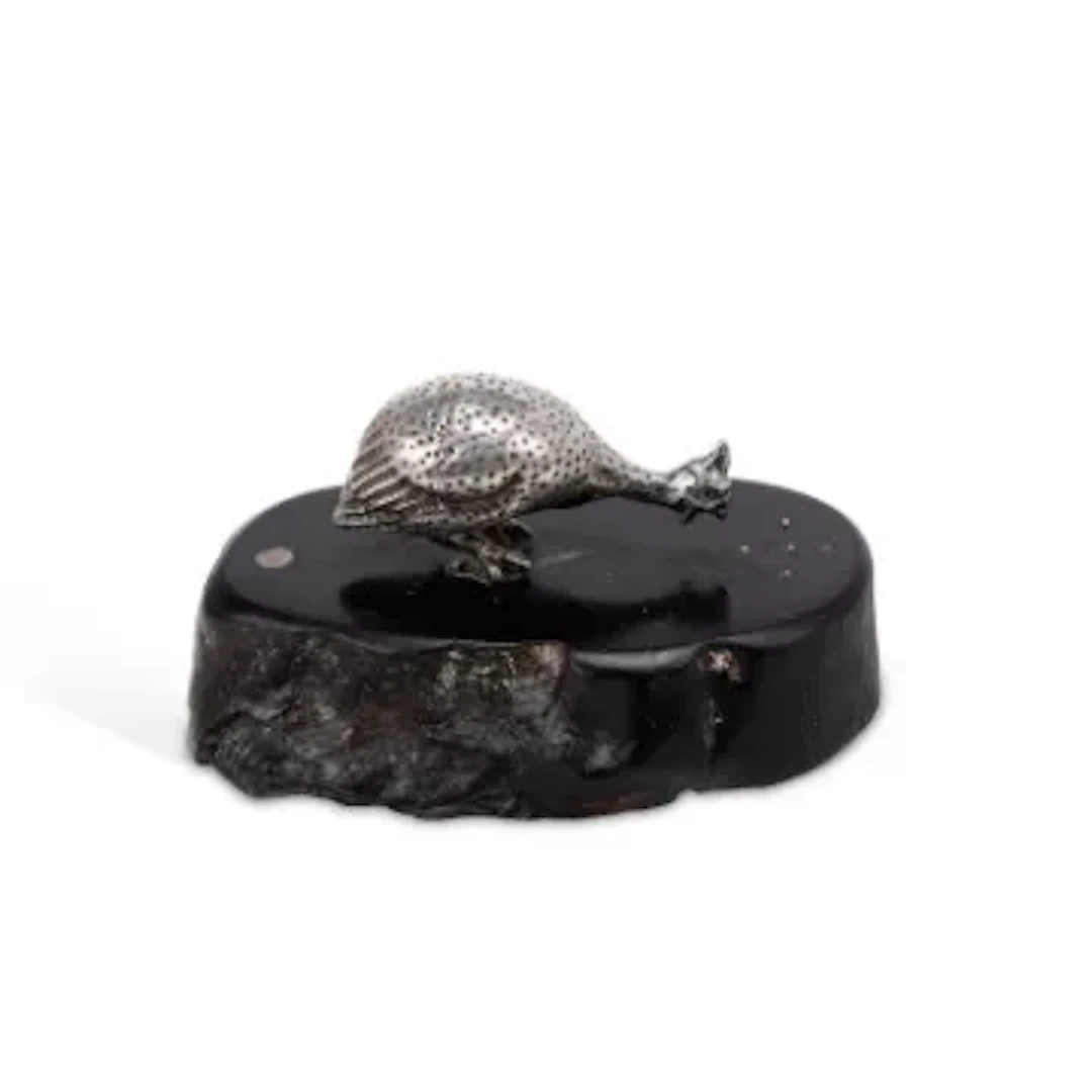 PATRICK MAVROS: A SILVER MINIATURE MODEL OF A FEEDING GUINEA FOWL