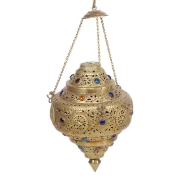 A JEWELLED PIERCED BRASS HANGING LAMP