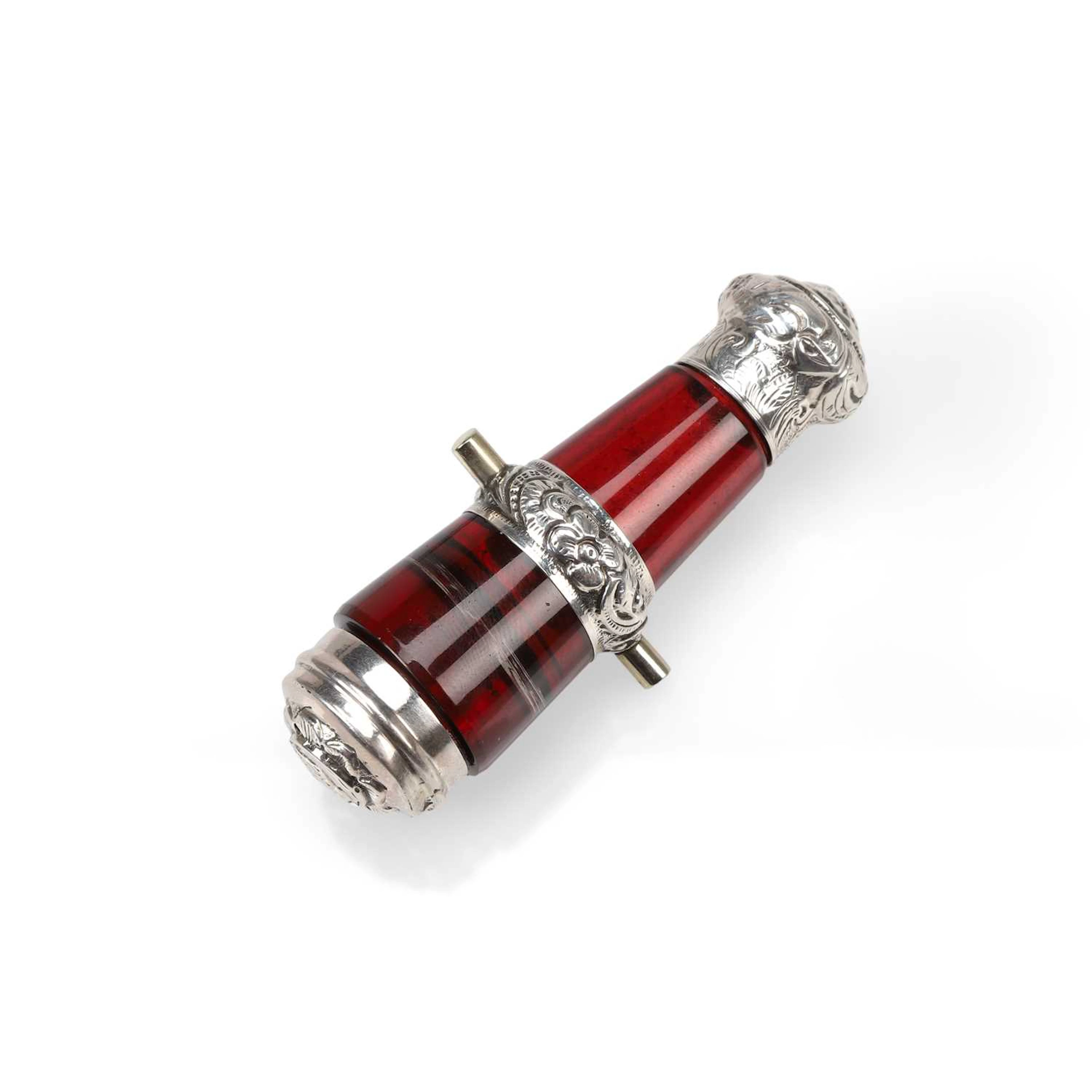 A VICTORIAN SILVER-MOUNTED RUBY GLASS COMBINATION SCENT BOTTLE AND