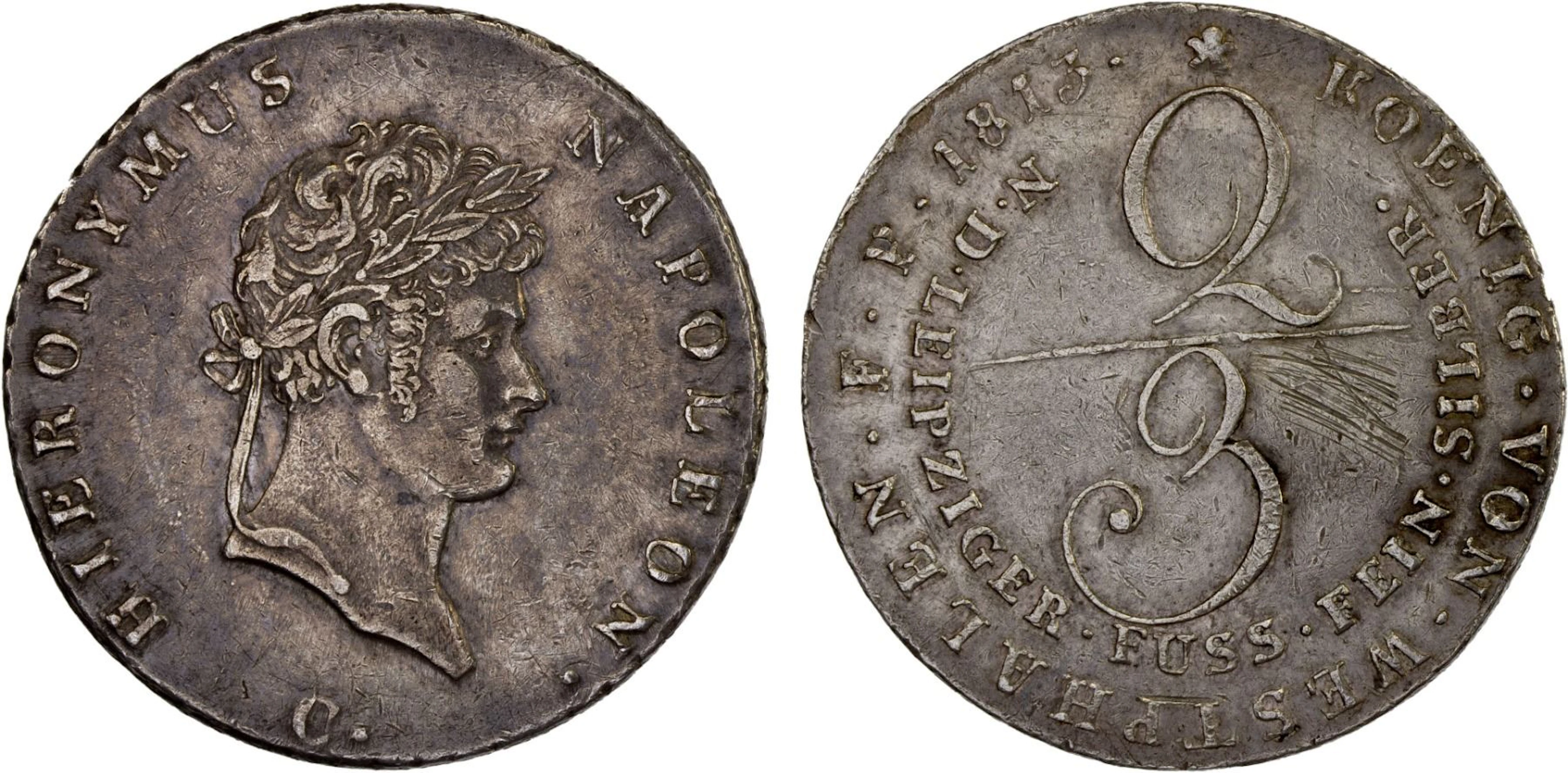 WESTPHALIA: Jerome Napoleon, 1807-1813, AR 2/3 thaler, Clausthal, 1813-C, XF