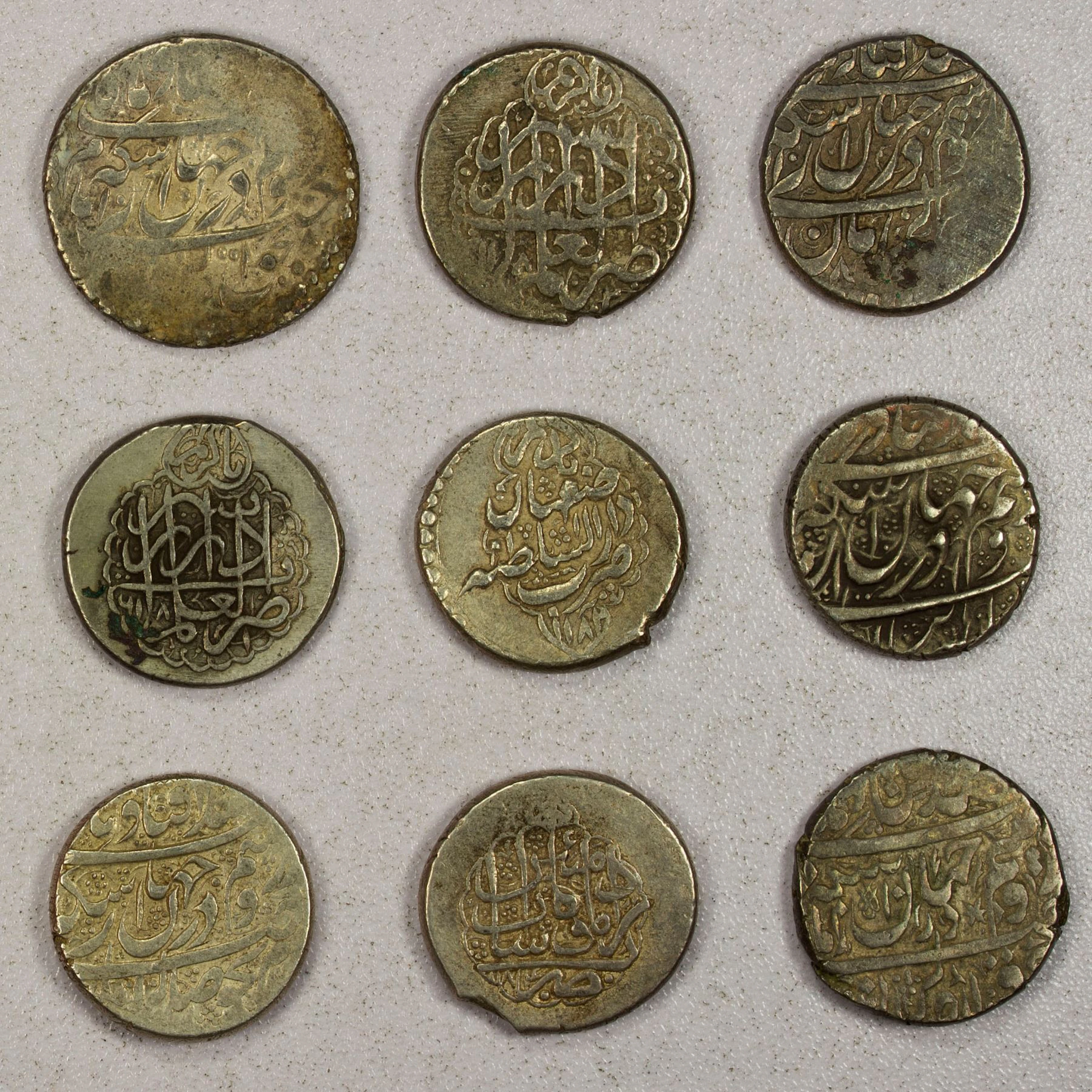 IRAN: ZAND: Karim Khan, 1753-1779, LOT of 9 silver double abbasi coins