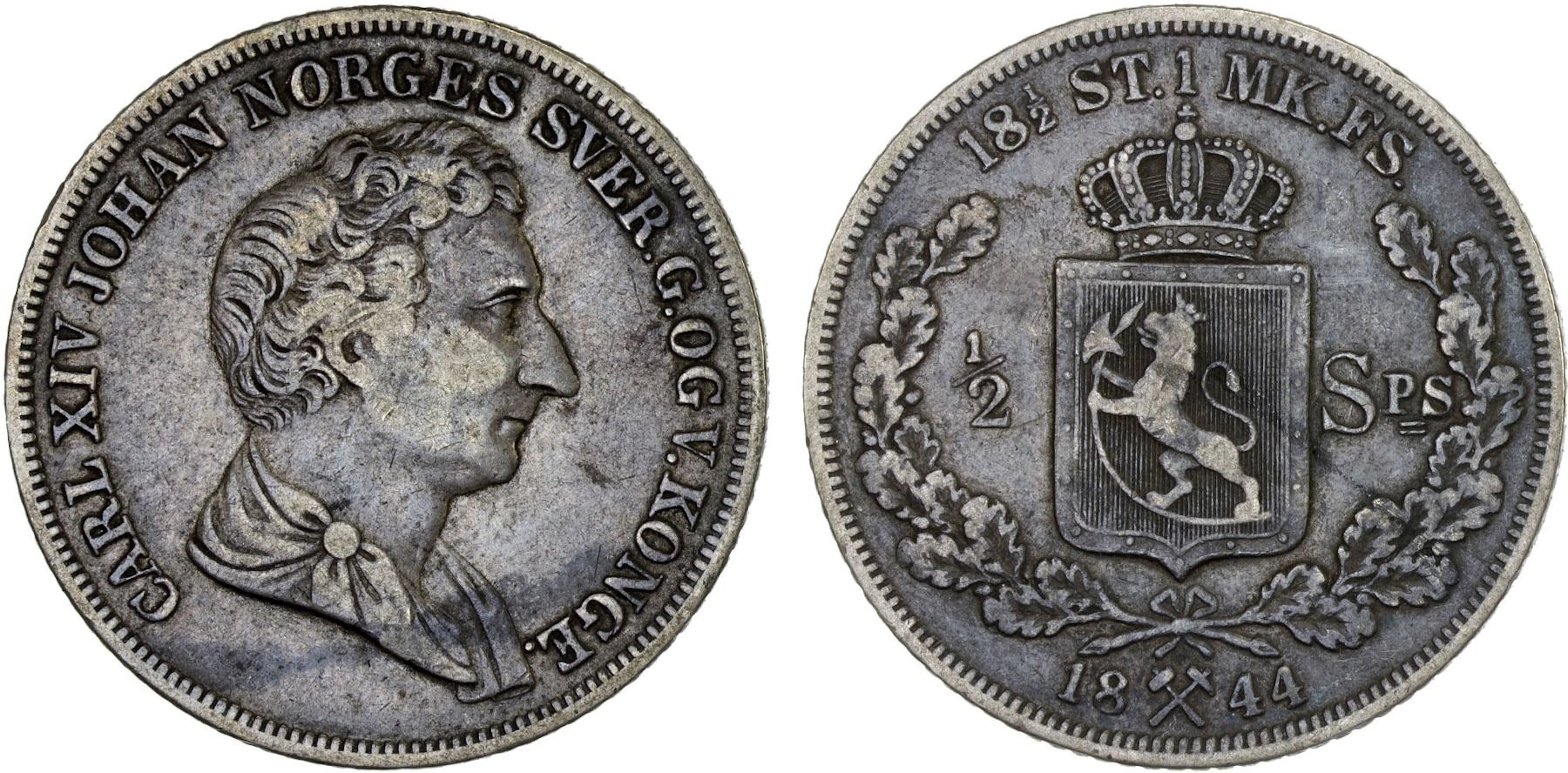 NORWAY: Carl XIV Johan, 1818-1844, AR 1/2 specie daler, 1844, F-VF