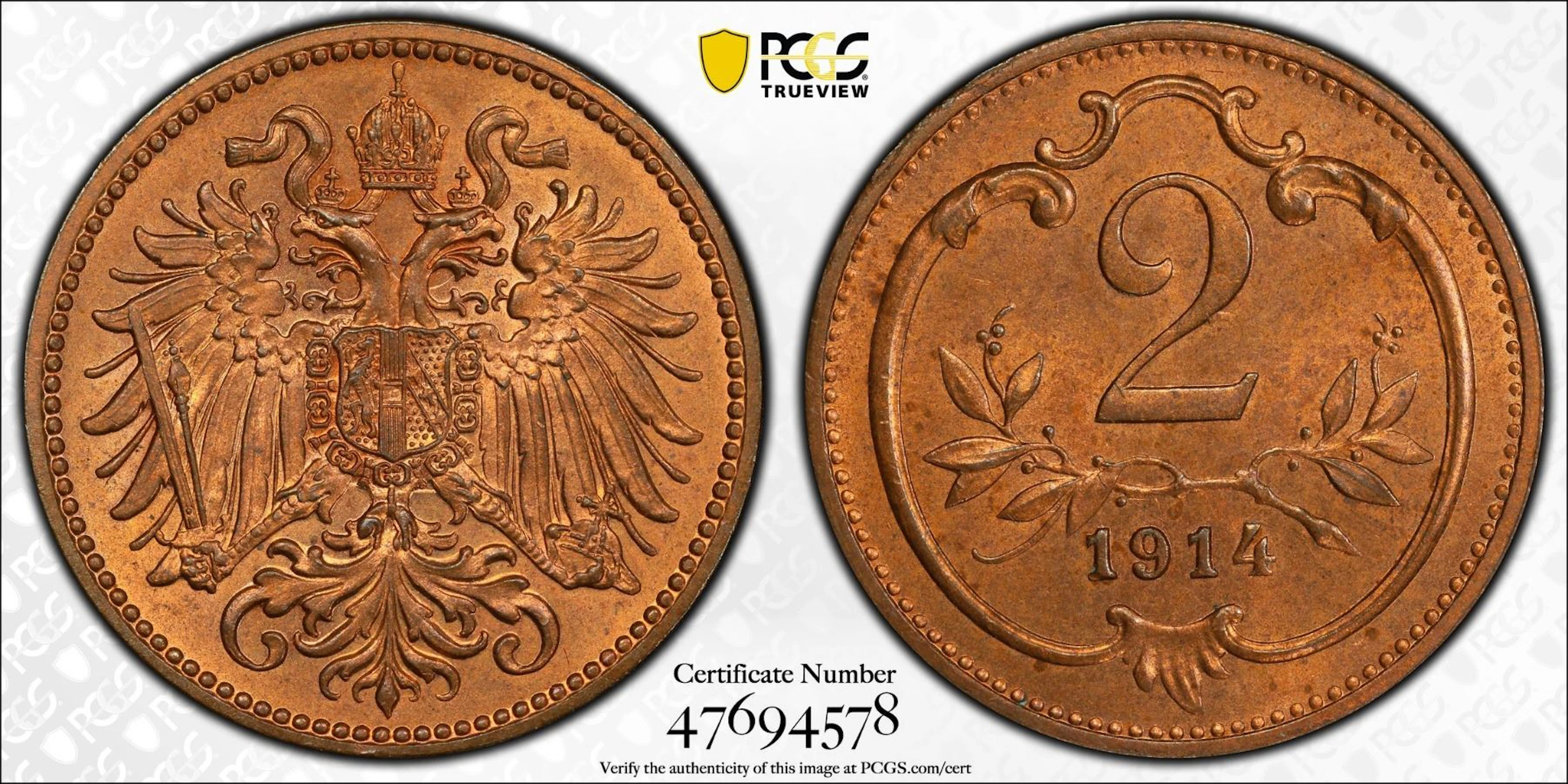 AUSTRIA: Franz Joseph I, 1848-1916, AE 2 heller, 1914, PCGS MS65 RD
