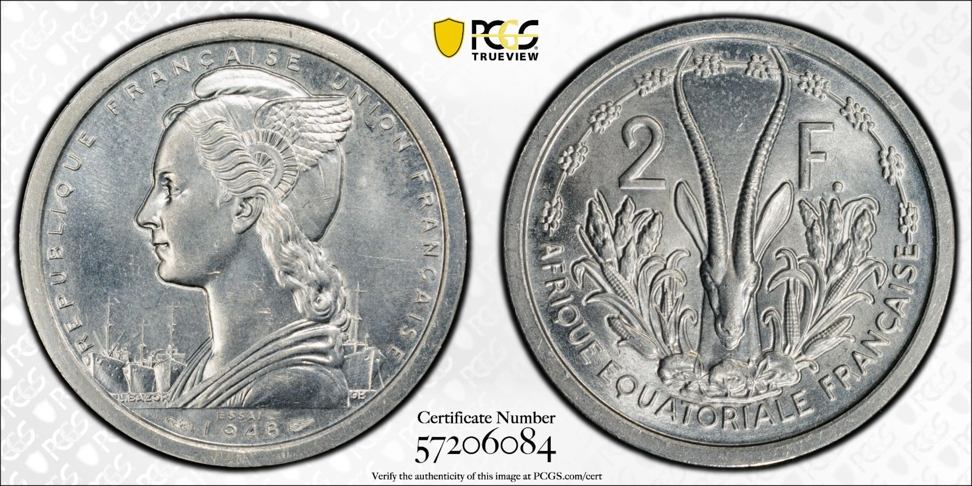 FRENCH EQUATORIAL AFRICA: French Colony, 2 francs, 1948, PCGS Specimen 64