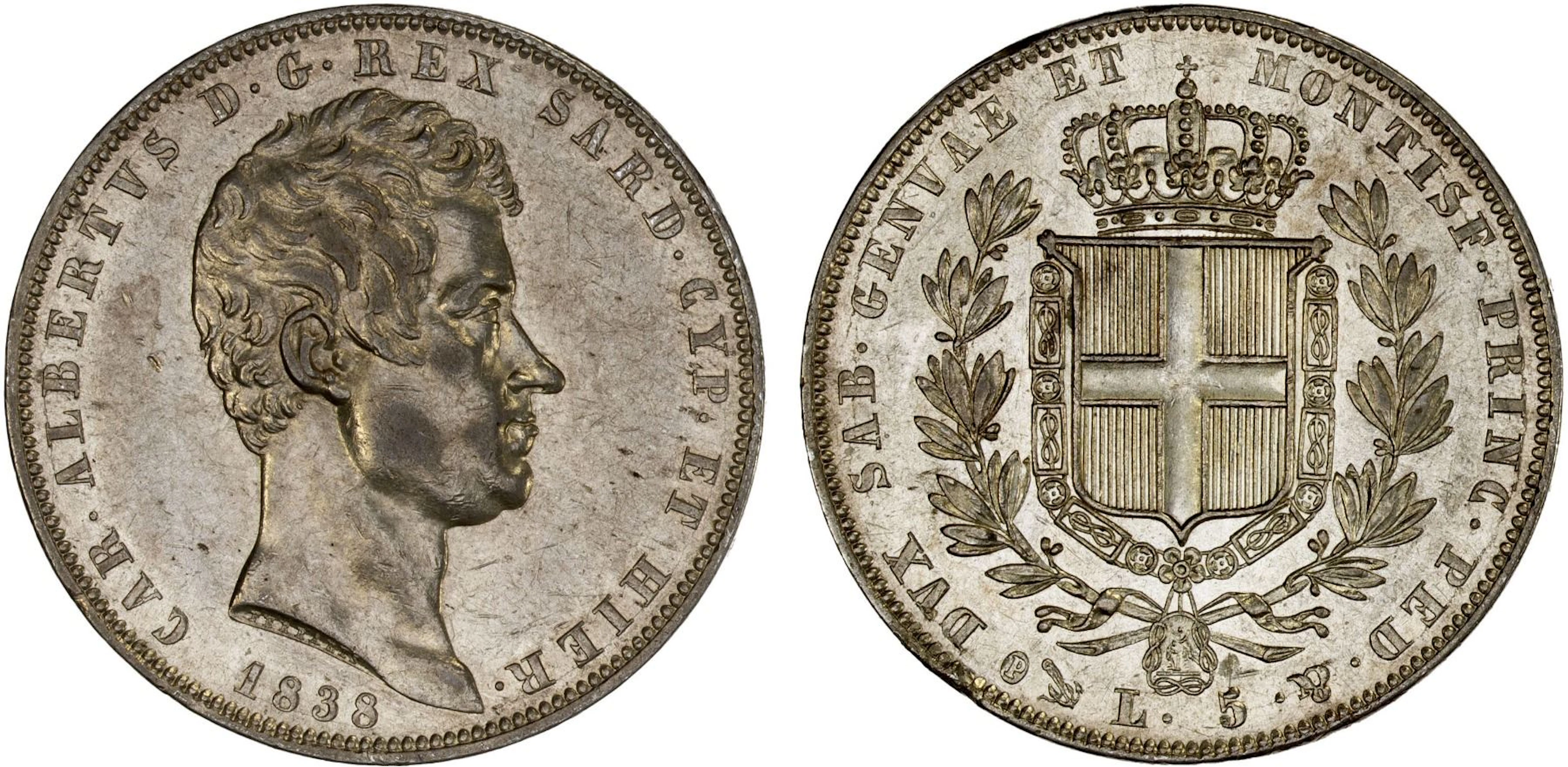 SARDINIA: Carlo Alberto, 1831-1849, AR 5 lire, Genoa, 1838(b), XF