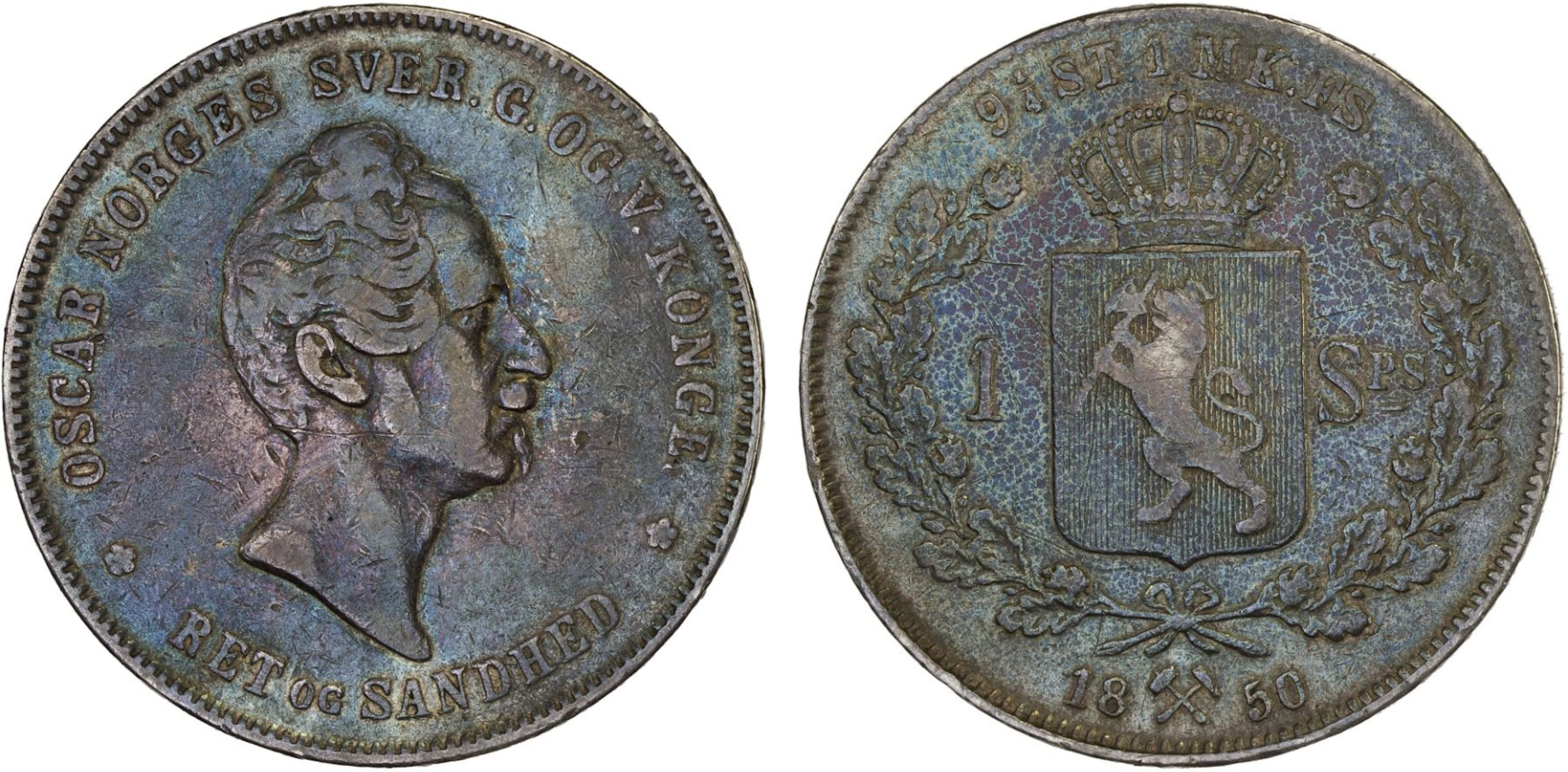 NORWAY: Oscar I, 1844-1859, AR specie daler, 1850, F-VF