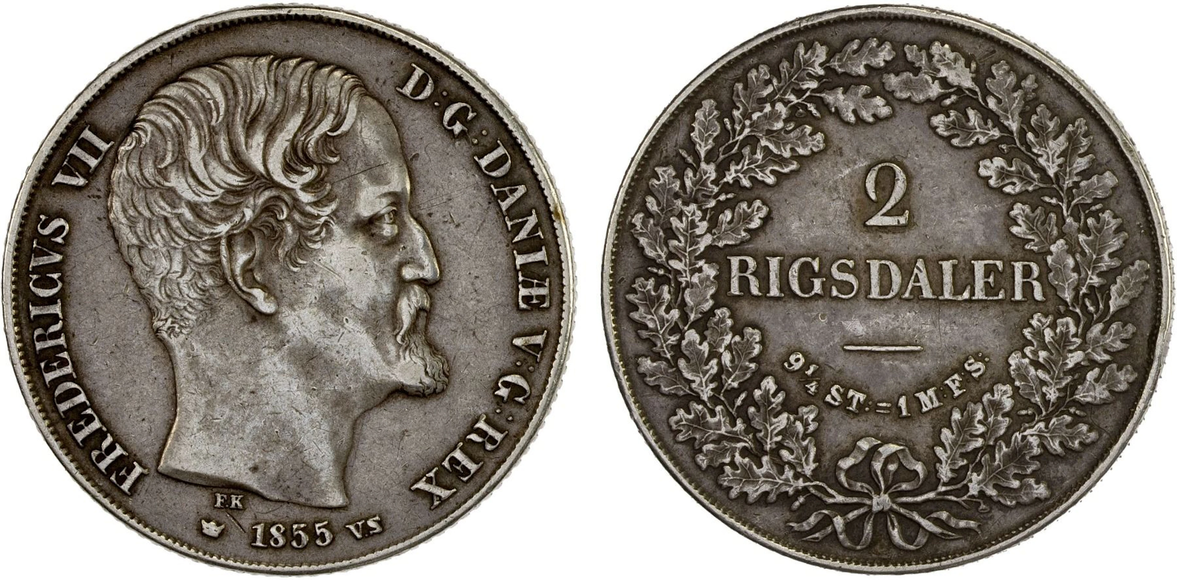 DENMARK: Frederik VII, 1848-1863, AR 2 rigsdaler, Copenhagen, 1855, VF