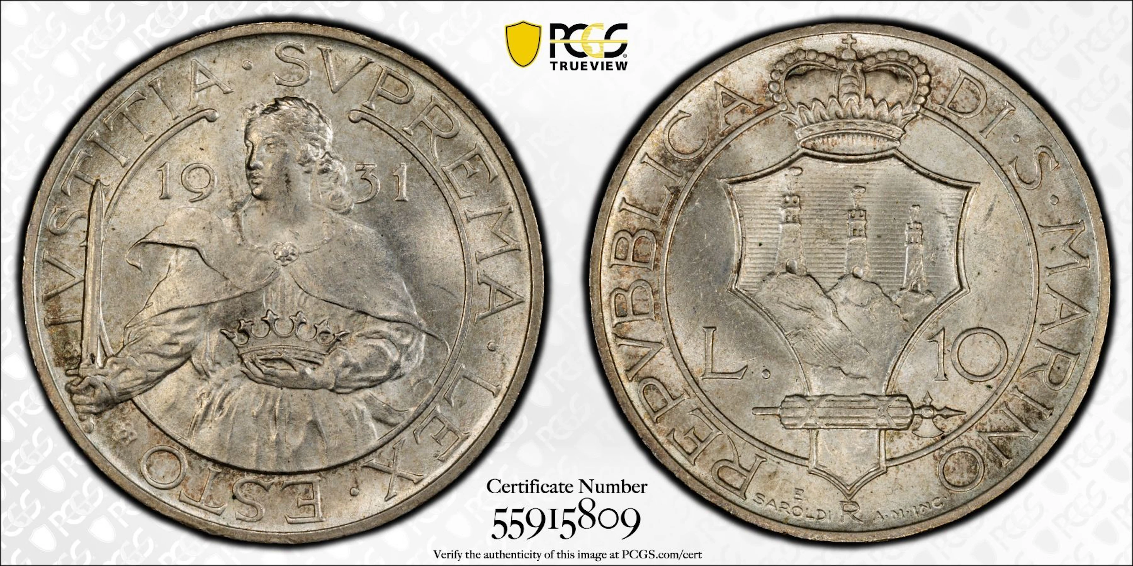 SAN MARINO: Republic, AR 10 lire, 1931-R, PCGS MS64