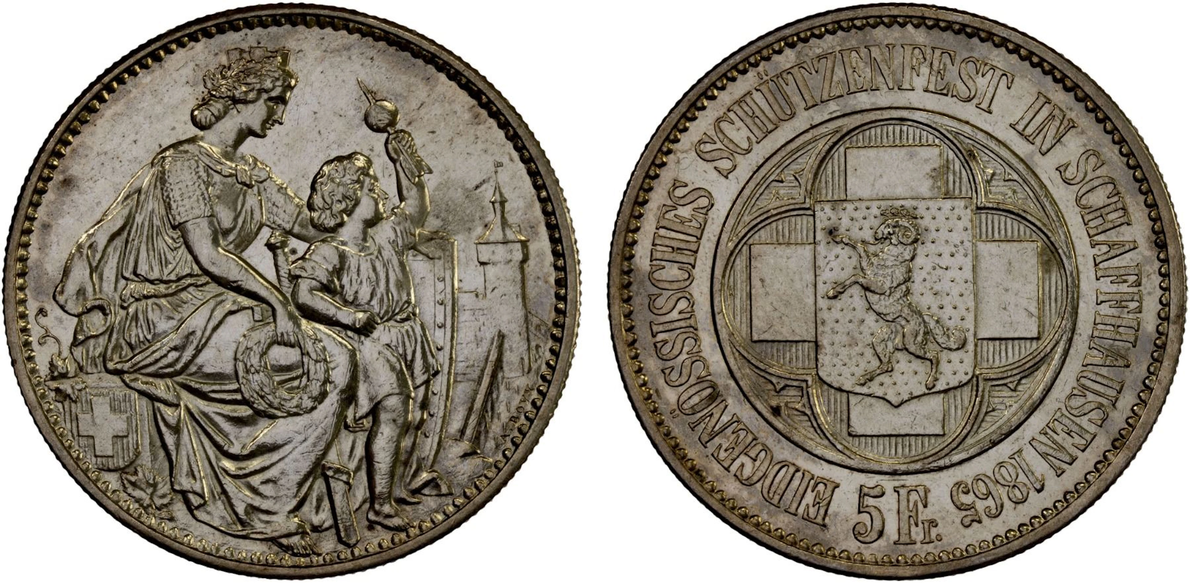 SWITZERLAND: Confederation, AR 5 francs (24.96g), 1865, Choice AU