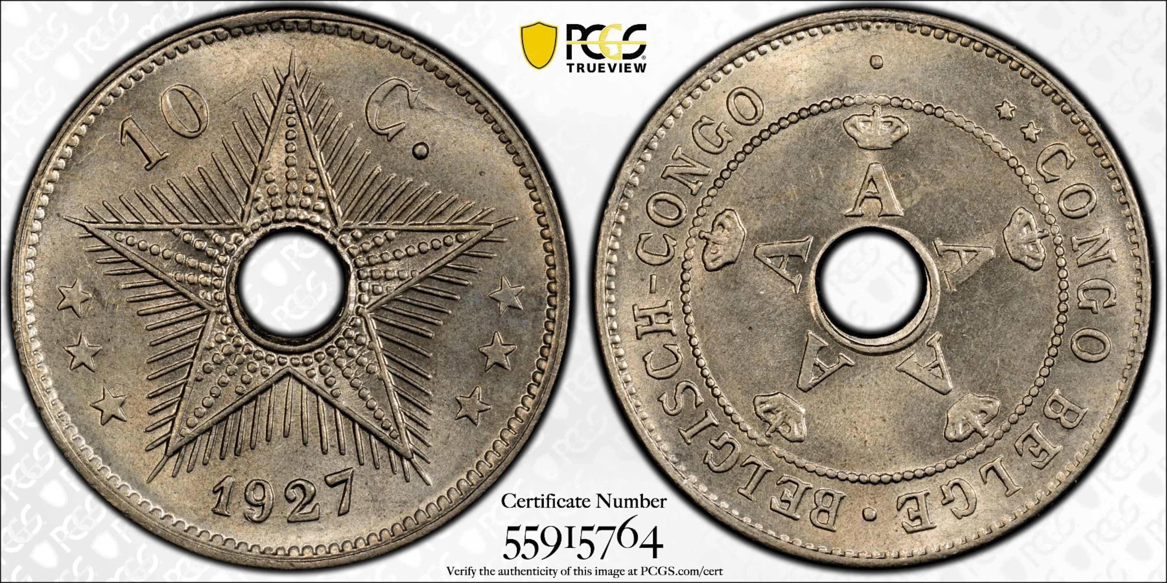 BELGIAN CONGO: Albert I, 1909-1934, 10 centimes, 1937, PCGS MS65