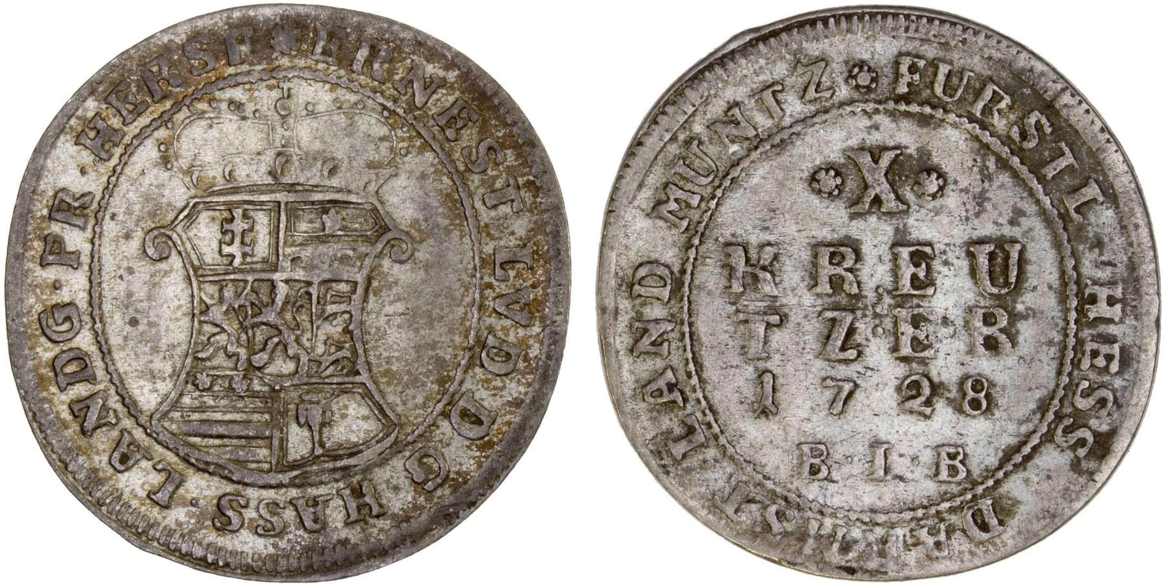HESSE-DARMSTADT: Ernst Ludwig, 1678-1739, AR 10 kreuzer, Darmstadt, 1728, VF-XF