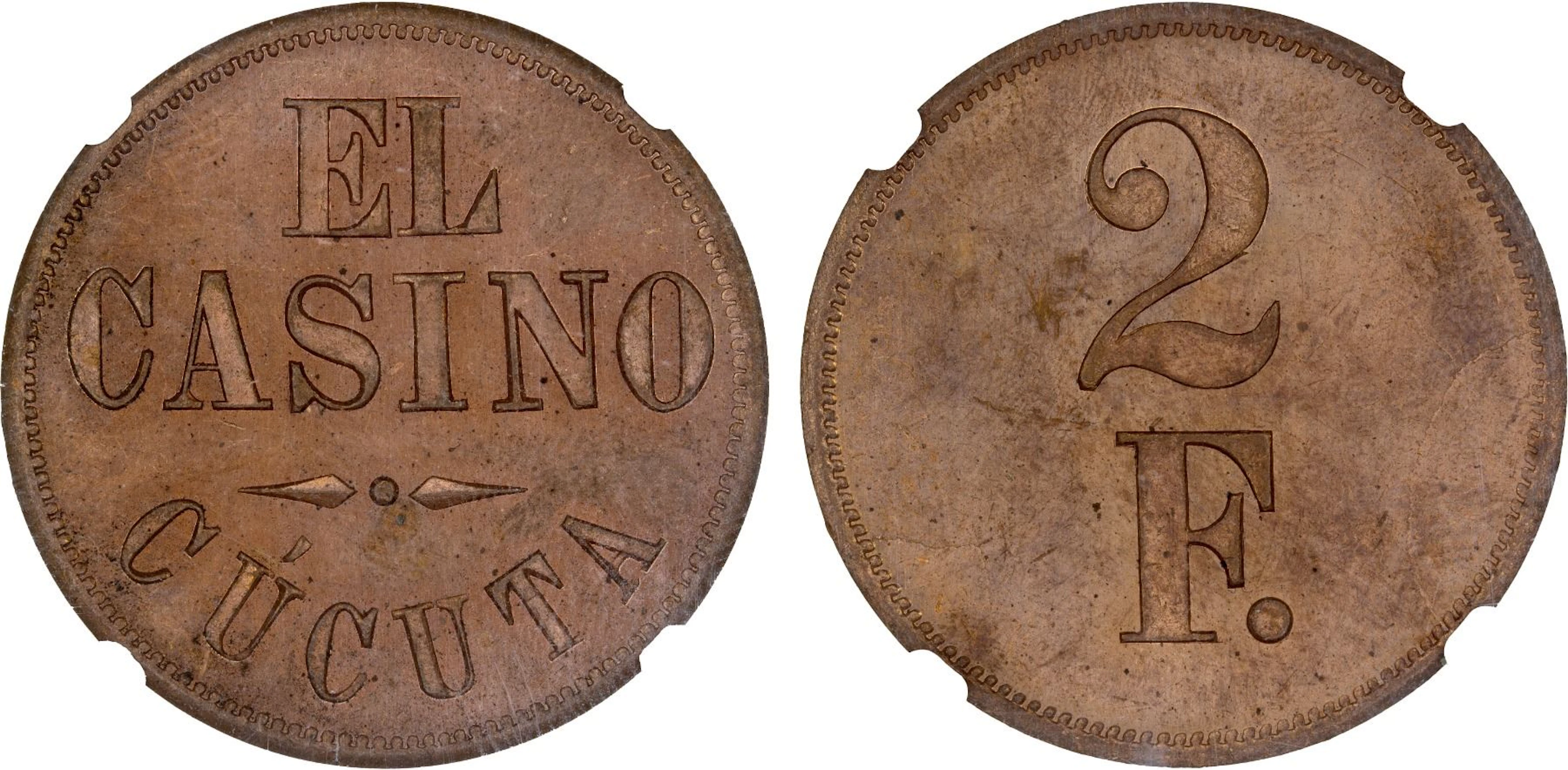 COLOMBIA: Republic, AE 2 fuertes (2 silver pesos), ND (ca. 1920?), NGC MS63 RB