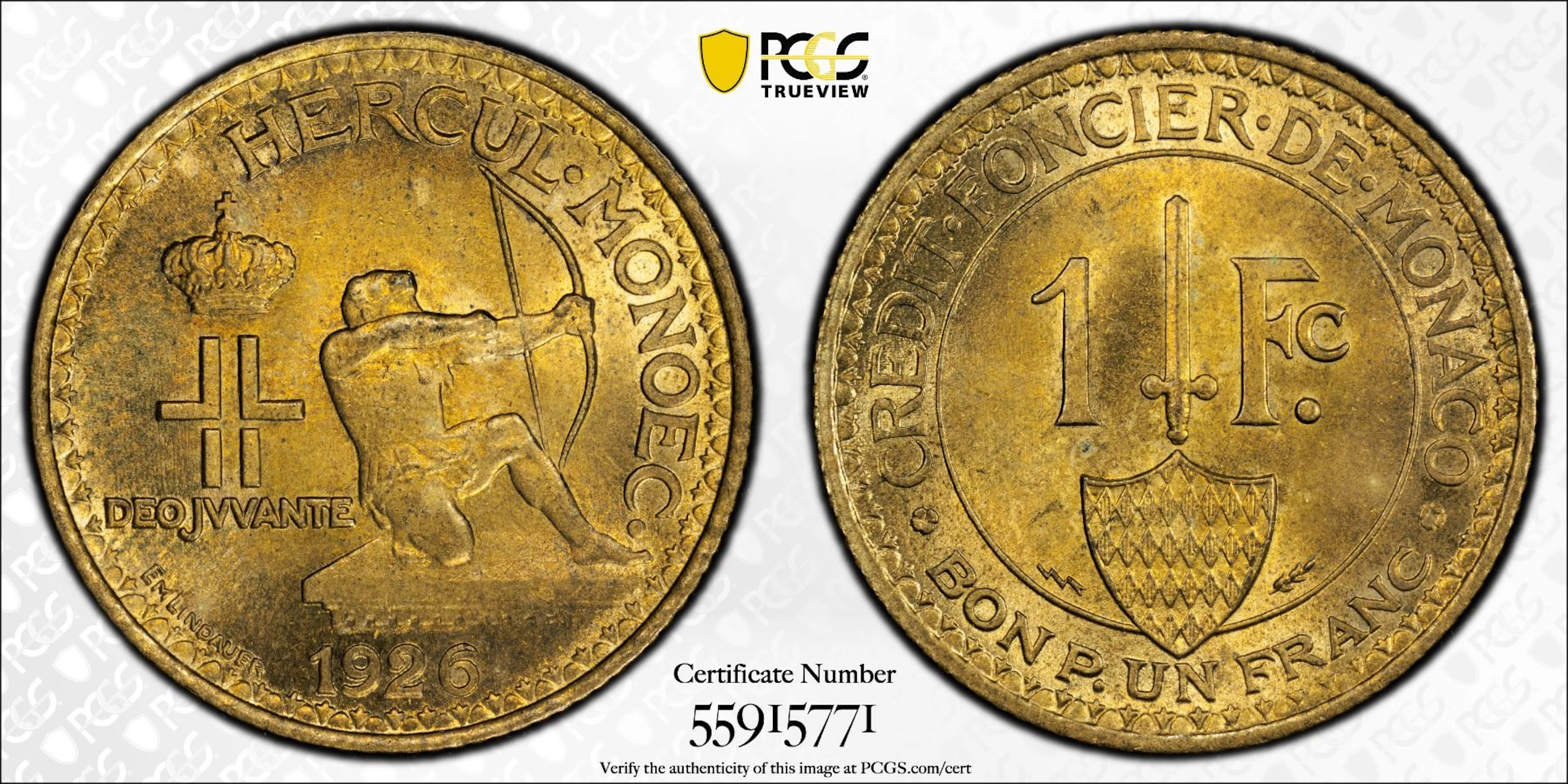 MONACO: Louis II, 1922-1949, 1 franc, 1926, PCGS MS65