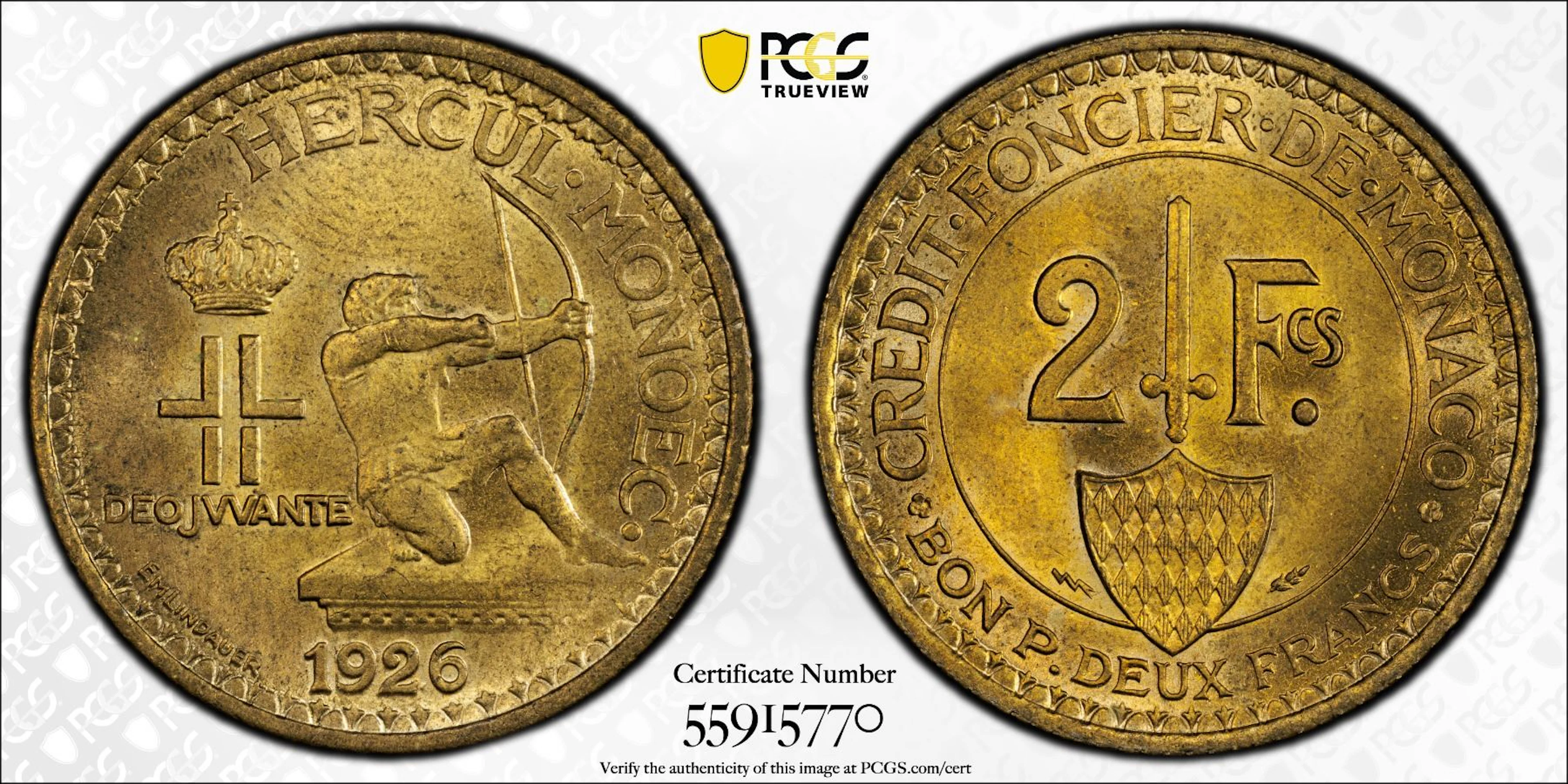 MONACO: Louis II, 1922-1949, 2 francs, 1926, PCGS MS64