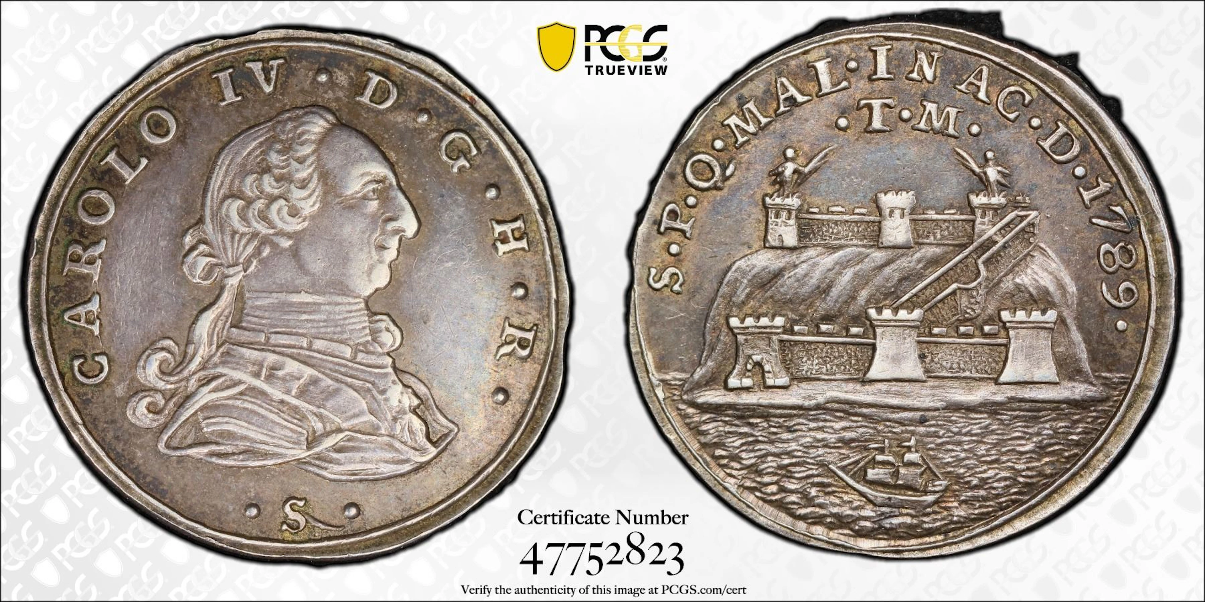 SPAIN: Carlos IV, 1788-1808, AR medal, 1789, PCGS AU58