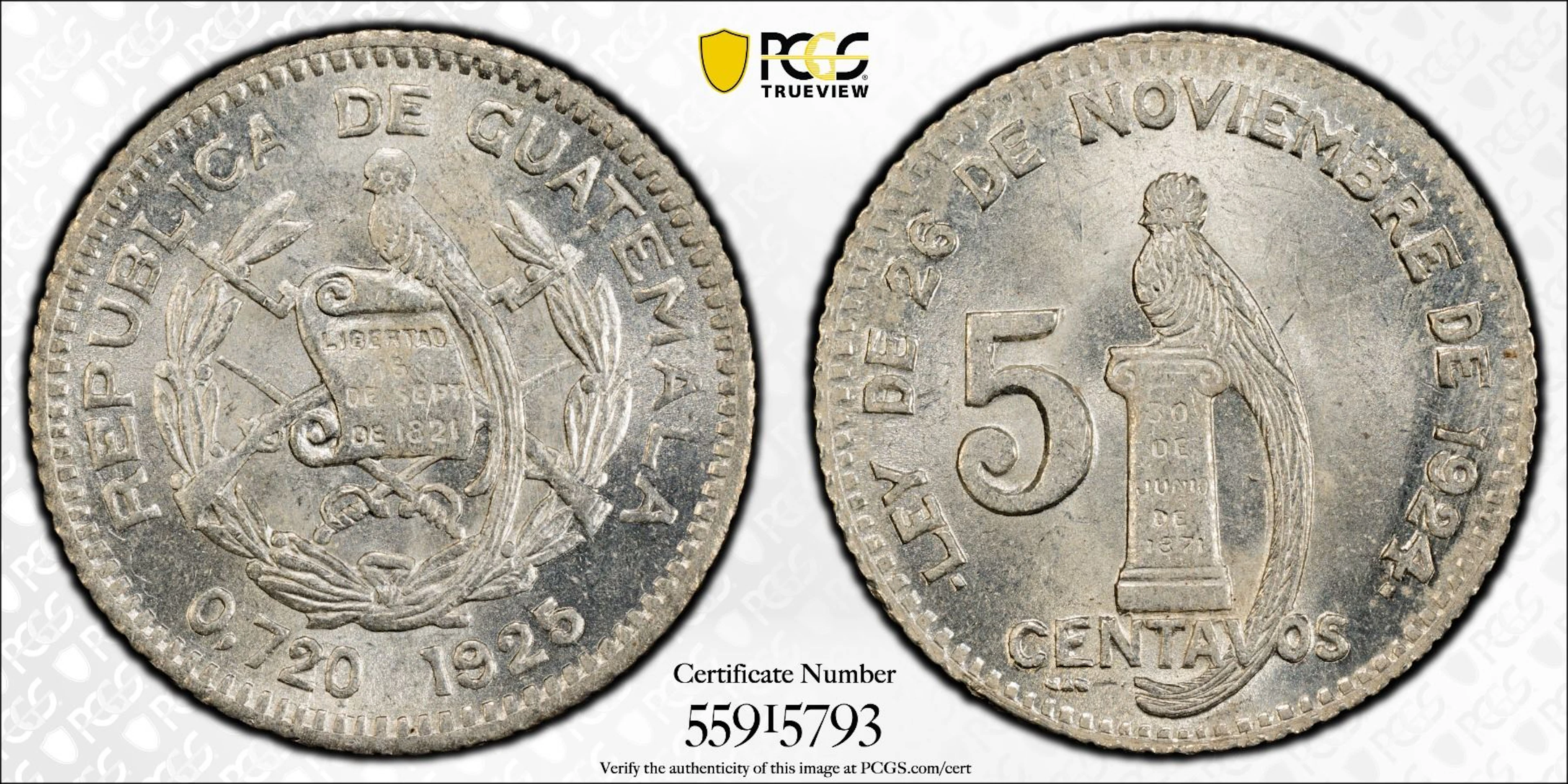 GUATEMALA: Republic, AR 5 centavos, 1925, PCGS MS65