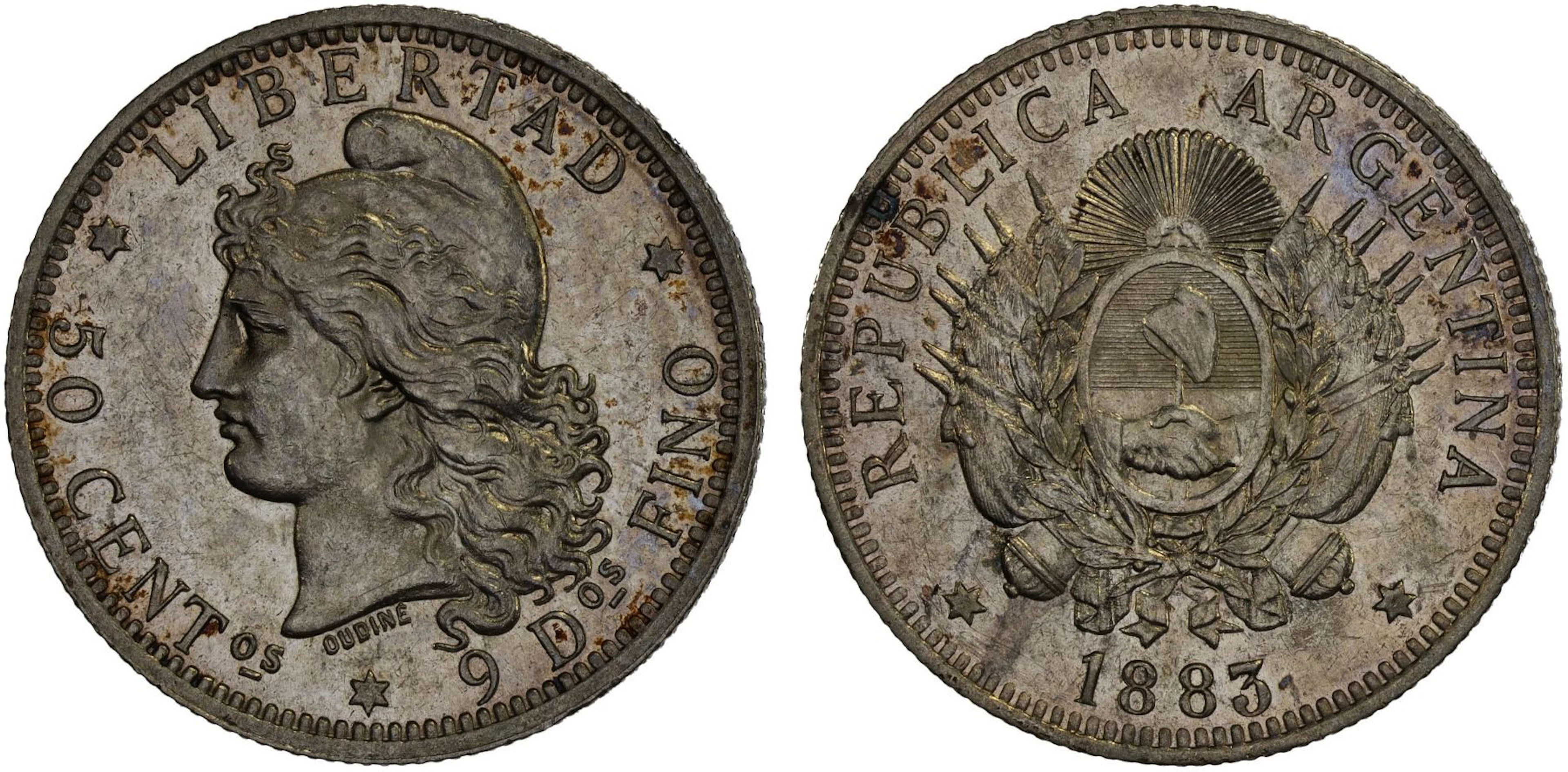 ARGENTINA: Republic, AR 50 centavos, 1883, Unc