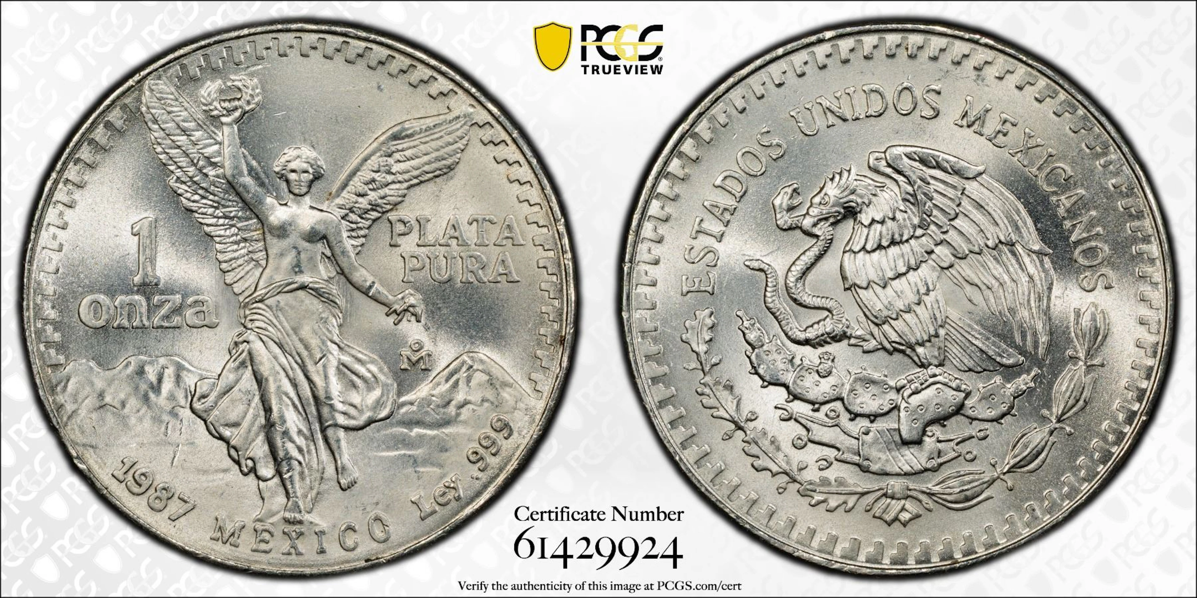 MEXICO: Estados Unidos, AR onza, 1987-Mo, PCGS UNC details