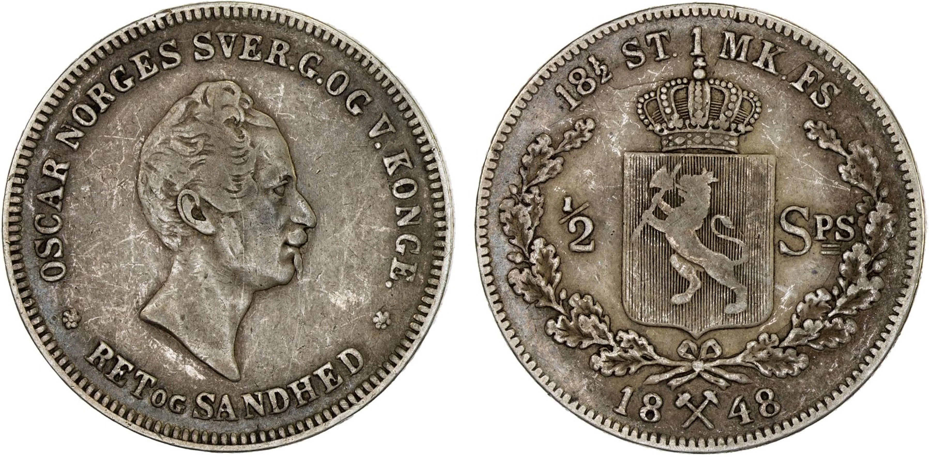 NORWAY: Oscar I, 1844-1859, AR 1/2 specie daler, 1848, Fine