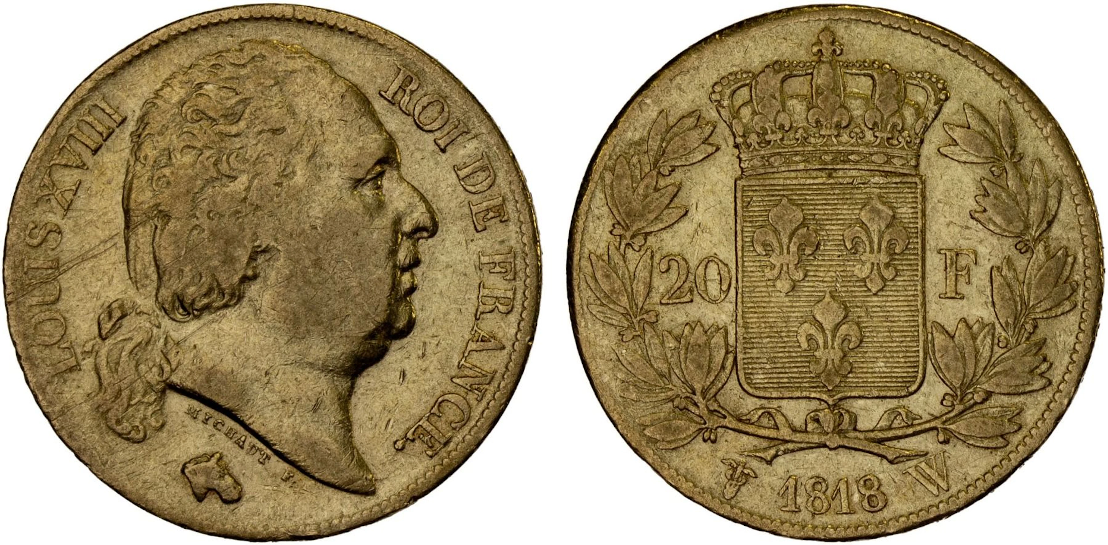 FRANCE: Louis XVIII, Second Reign, 1815-1824, AV 20 francs, Lille, 1818-W, VF