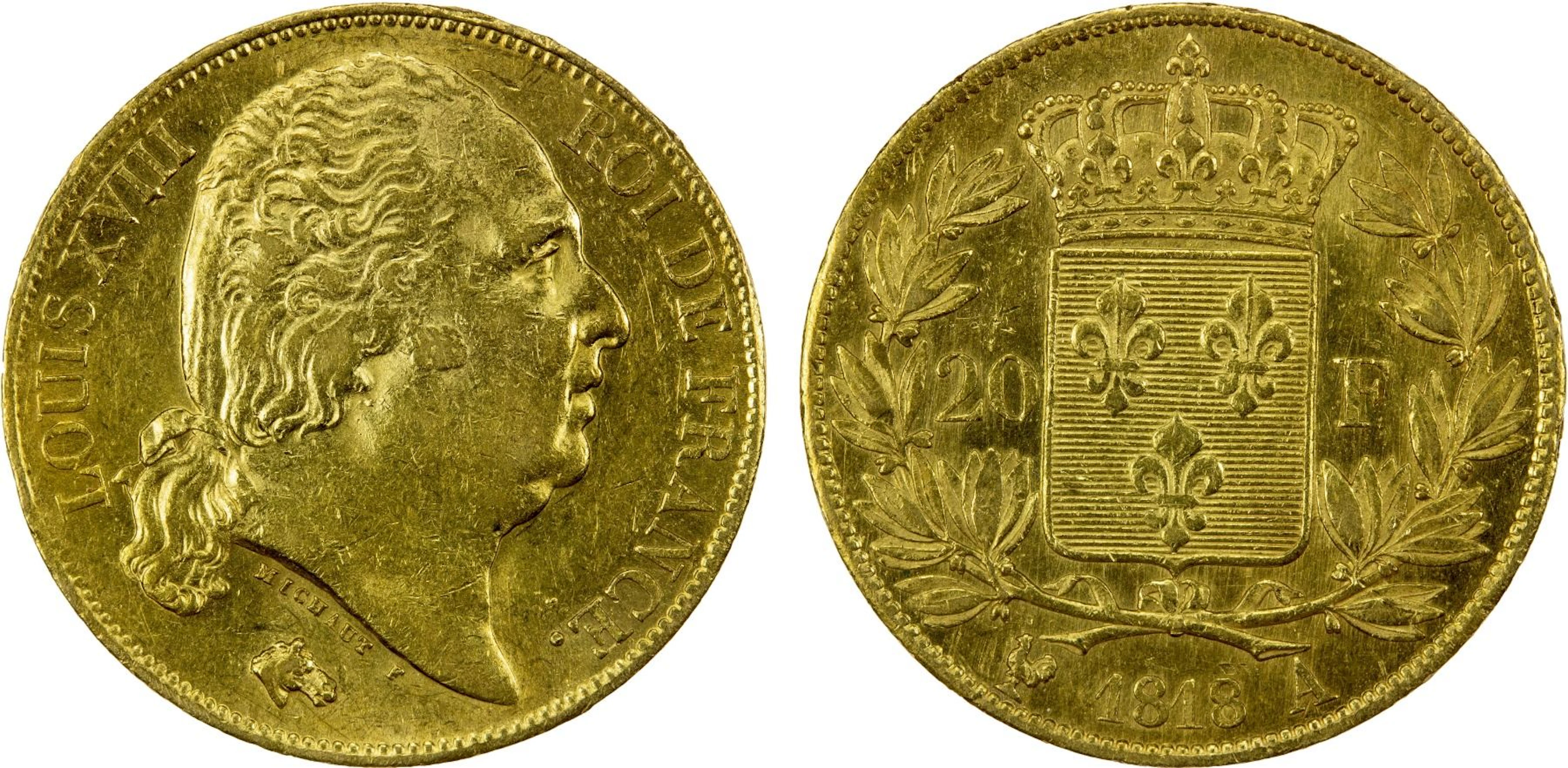 FRANCE: Louis XVIII, 1815-1824, AV 20 francs, 1818-A, Choice XF