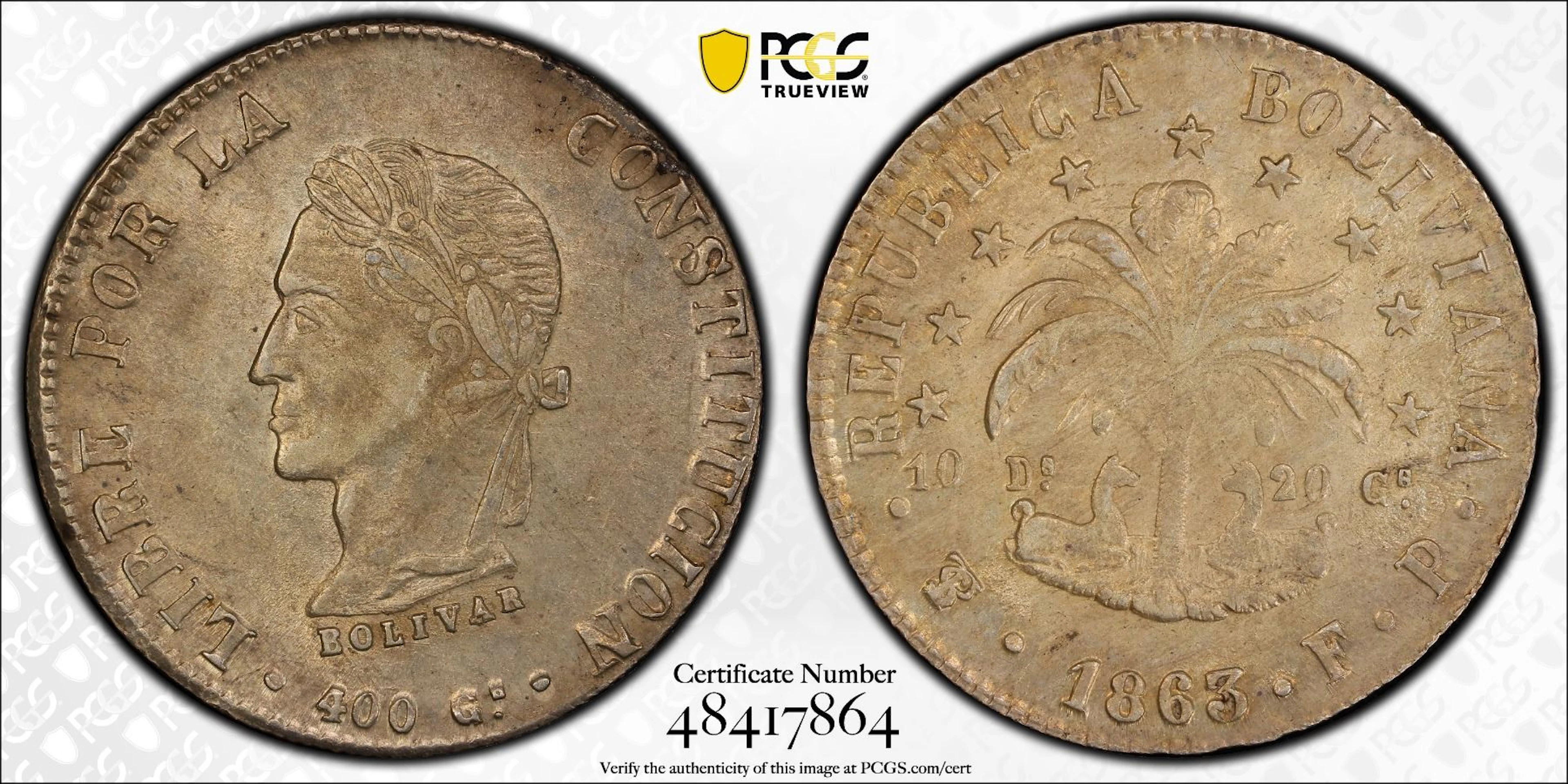 BOLIVIA: Republic, AR 8 soles, 1863-PTS, PCGS AU58