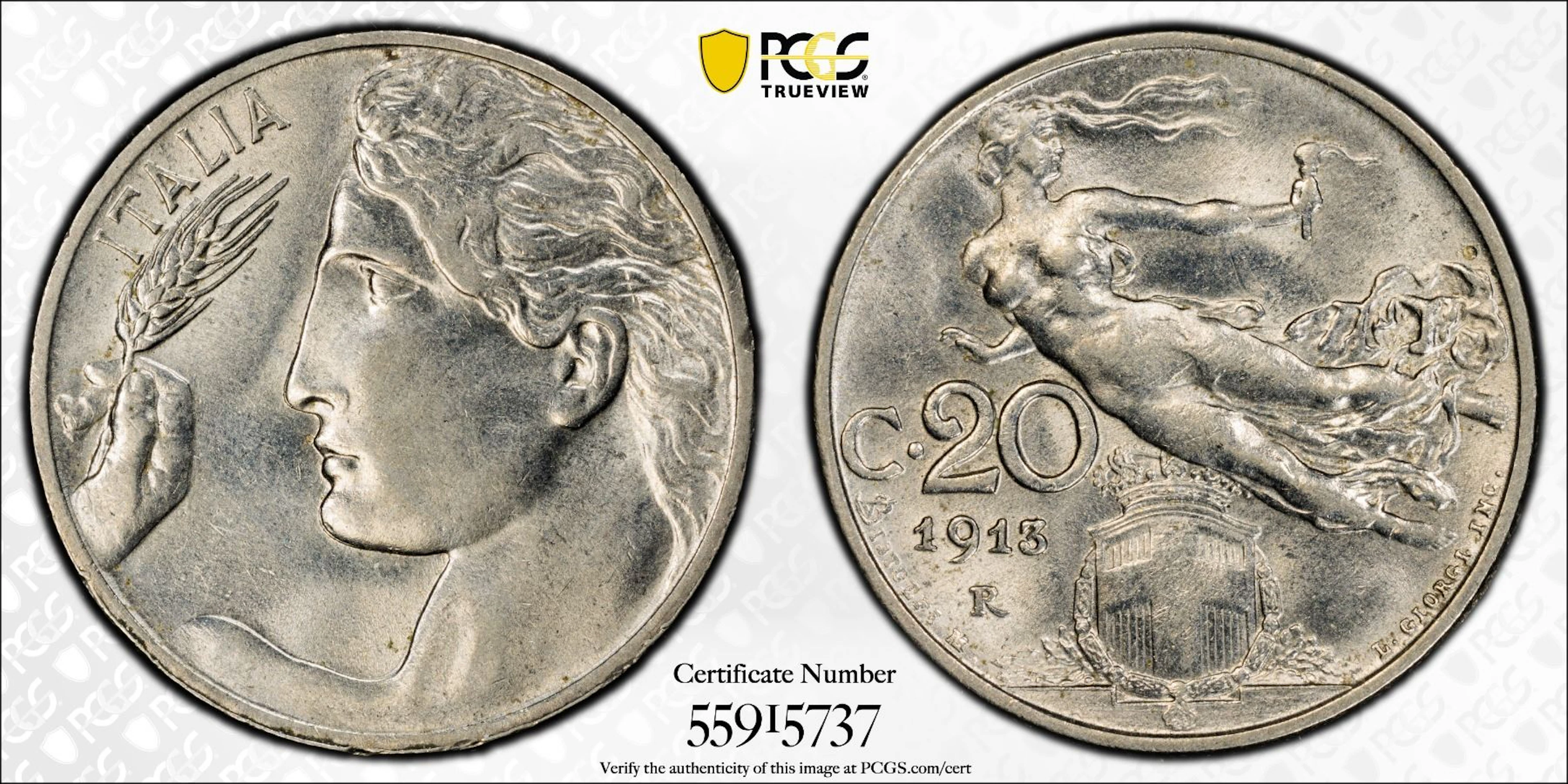 ITALY: Vittorio Emanuele III, 1900-1946, 20 centesimi, 1913-R, PCGS AU58