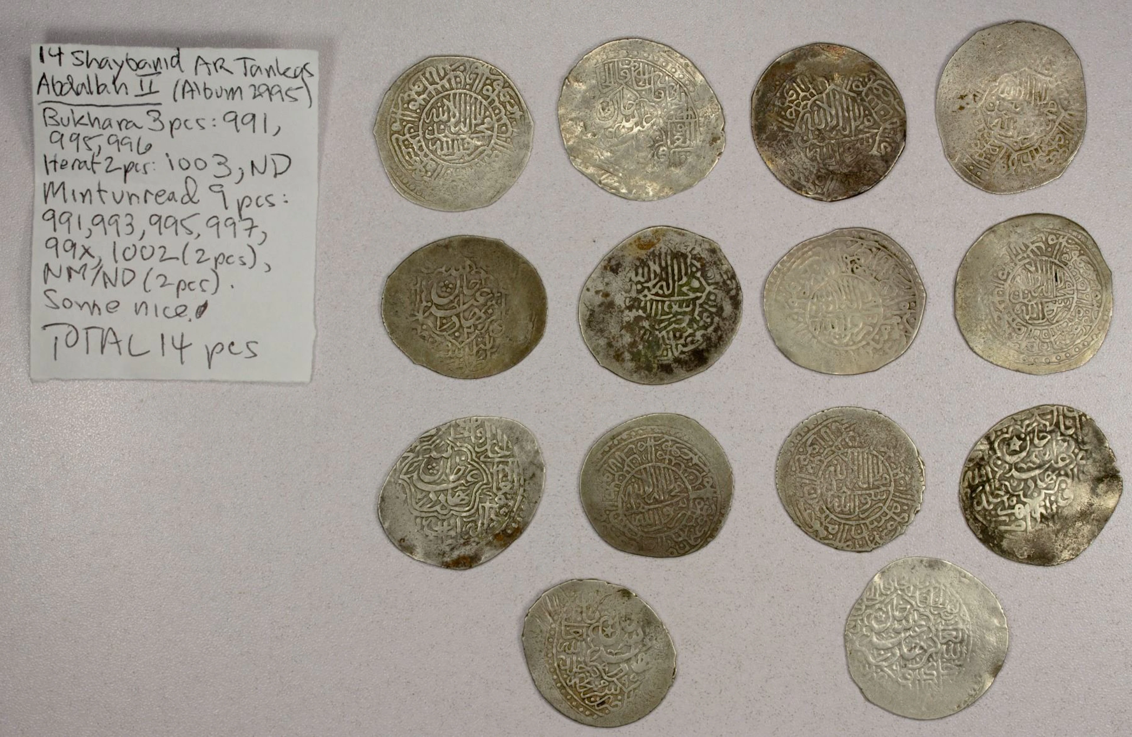 EARLY ISLAMIC: SHAYBANID: 'Abd Allah II, 1583-1598, LOT of 14 silver tankas