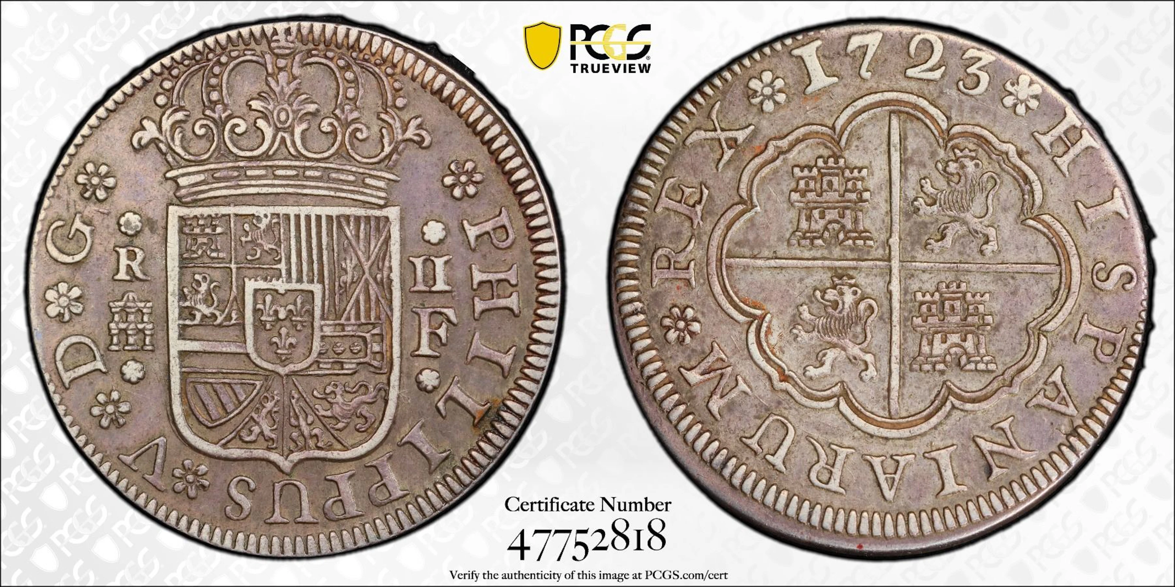 SPAIN: Felipe V, 1700-1746, AR 2 reales (pistareen), Segovia, 1723, PCGS AU50